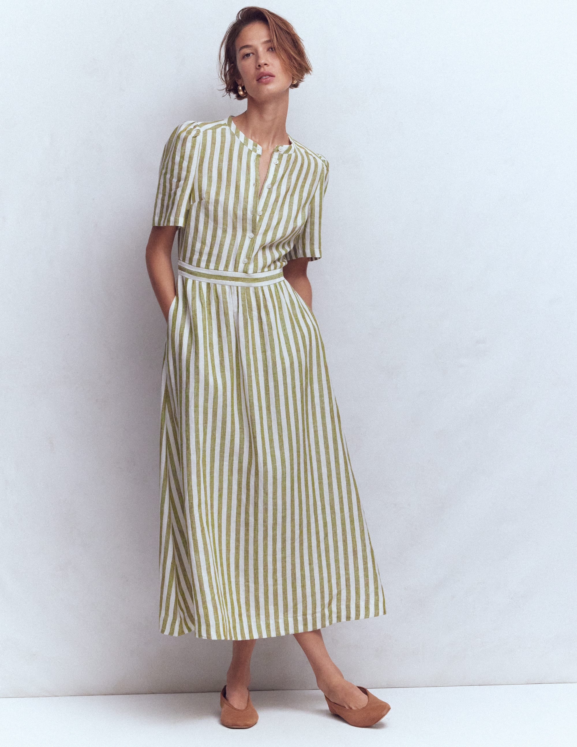 Ivy Button Linen Midi Dress-Olive, Ivory Stripe - Image 1