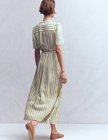 Ivy Linen Midi Dress-Olive, Ivory Stripe-4