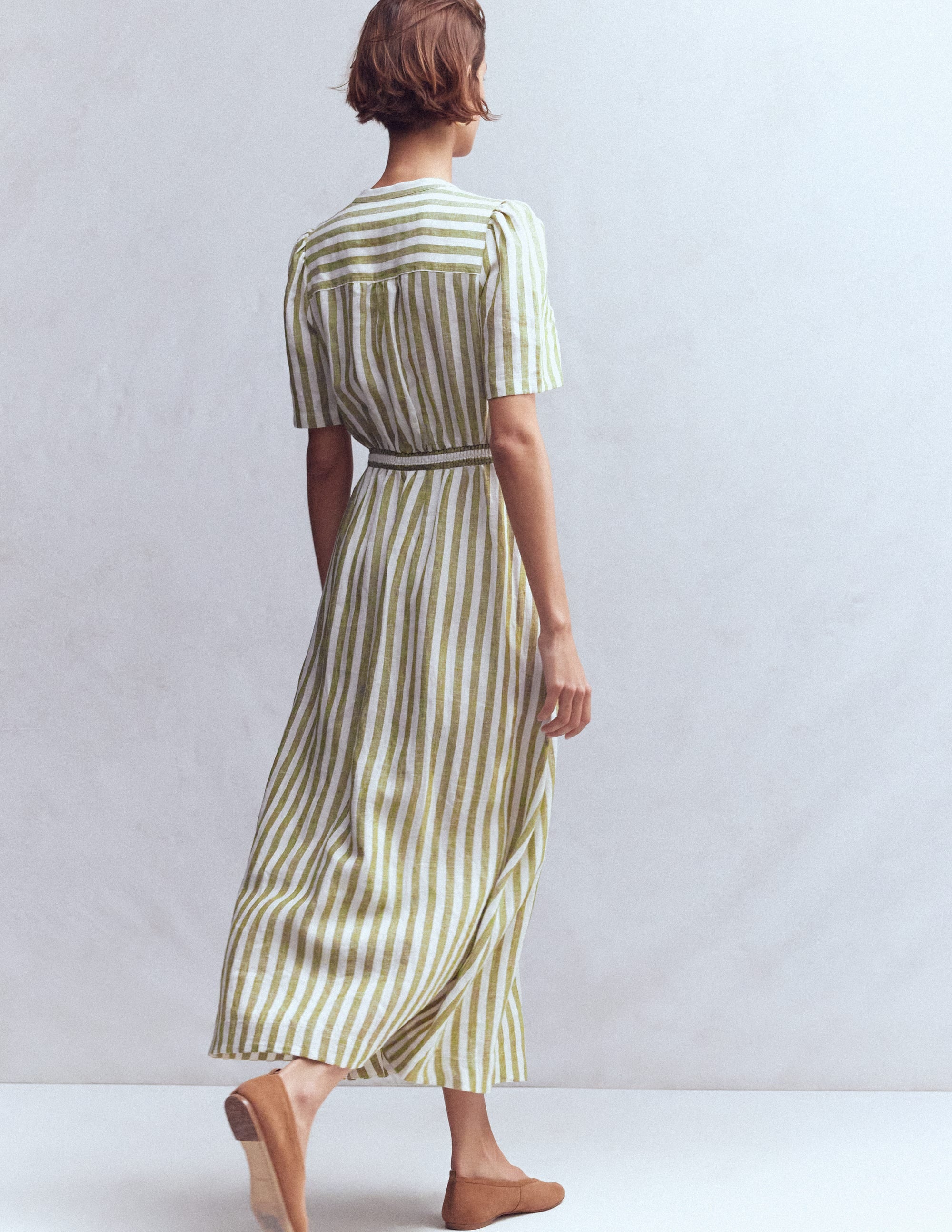 Ivy Button Linen Midi Dress-Olive, Ivory Stripe - Image 3