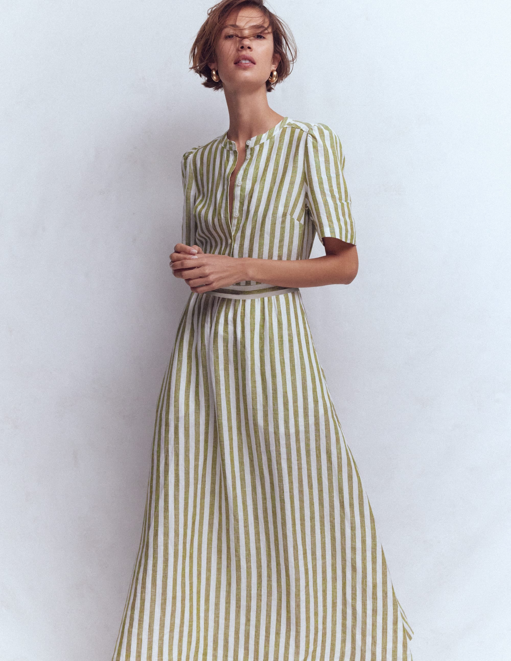 Ivy Button Linen Midi Dress-Olive, Ivory Stripe - Image 4