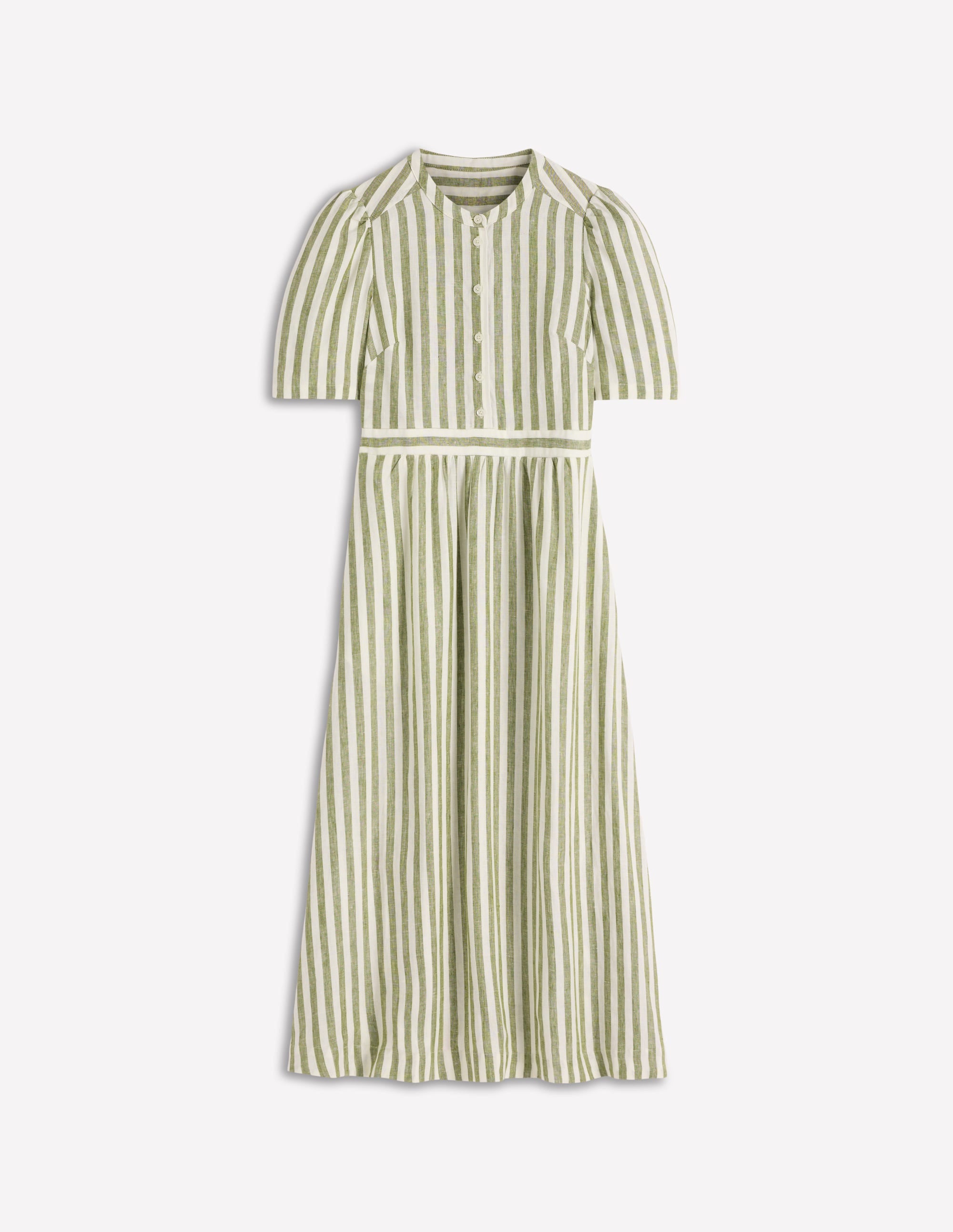 Ivy Button Linen Midi Dress-Olive, Ivory Stripe - Image 6
