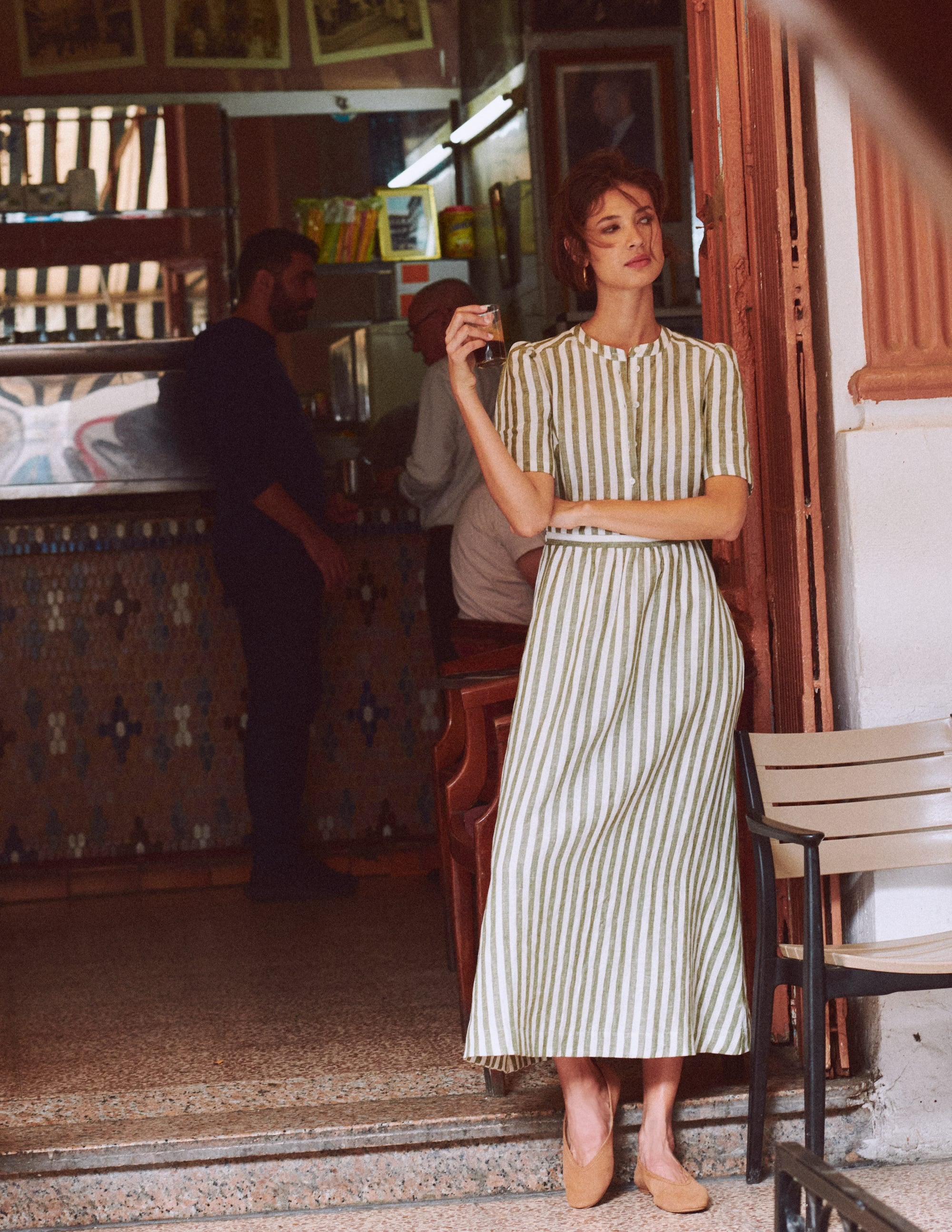 Ivy Button Linen Midi Dress-Olive, Ivory Stripe - Image 5