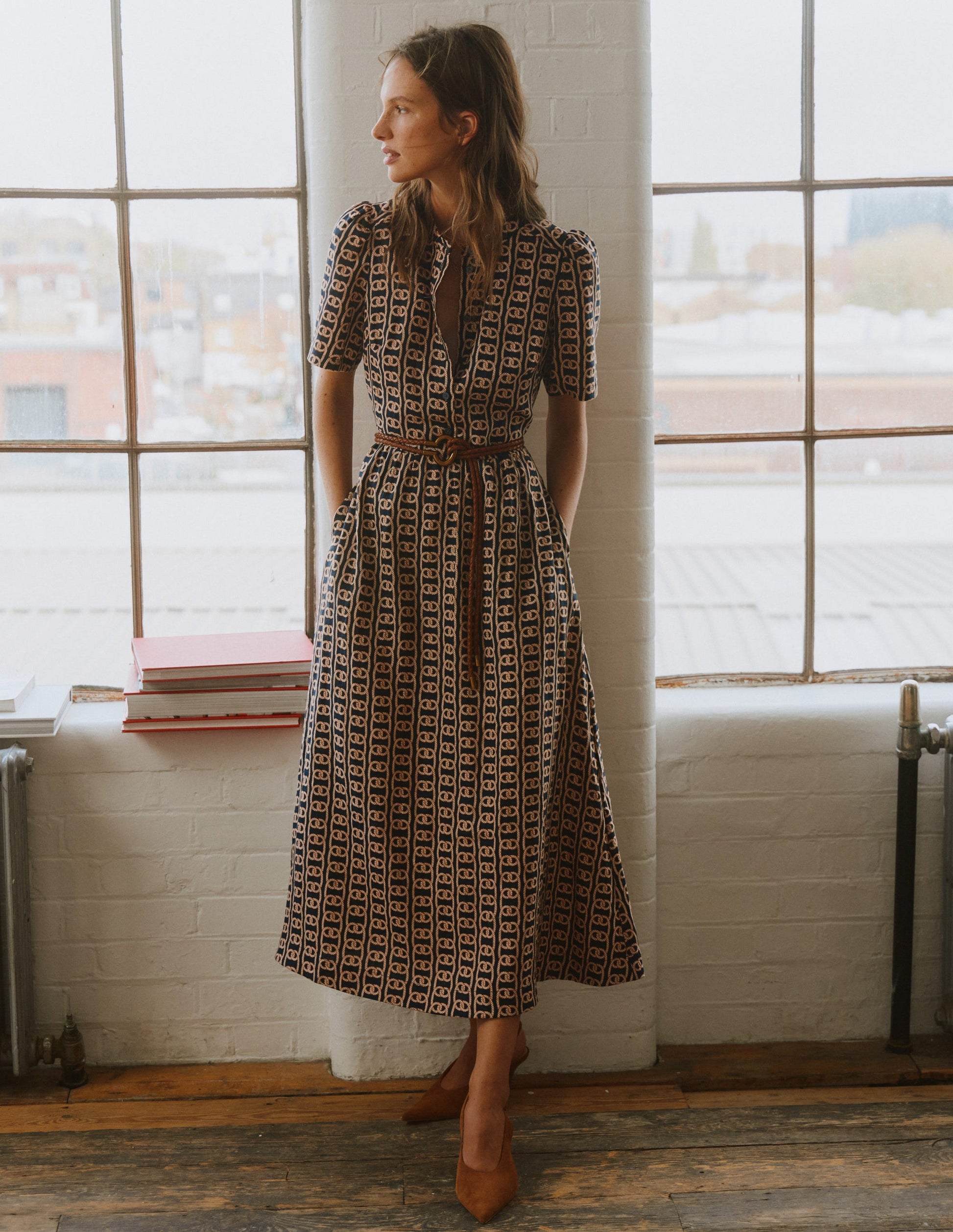 Ivy Button Linen Midi Dress-French Navy, Rope Trellis-6