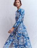 Alexa Cotton Midi Shirt Dress-Blue, Decorative Blossom