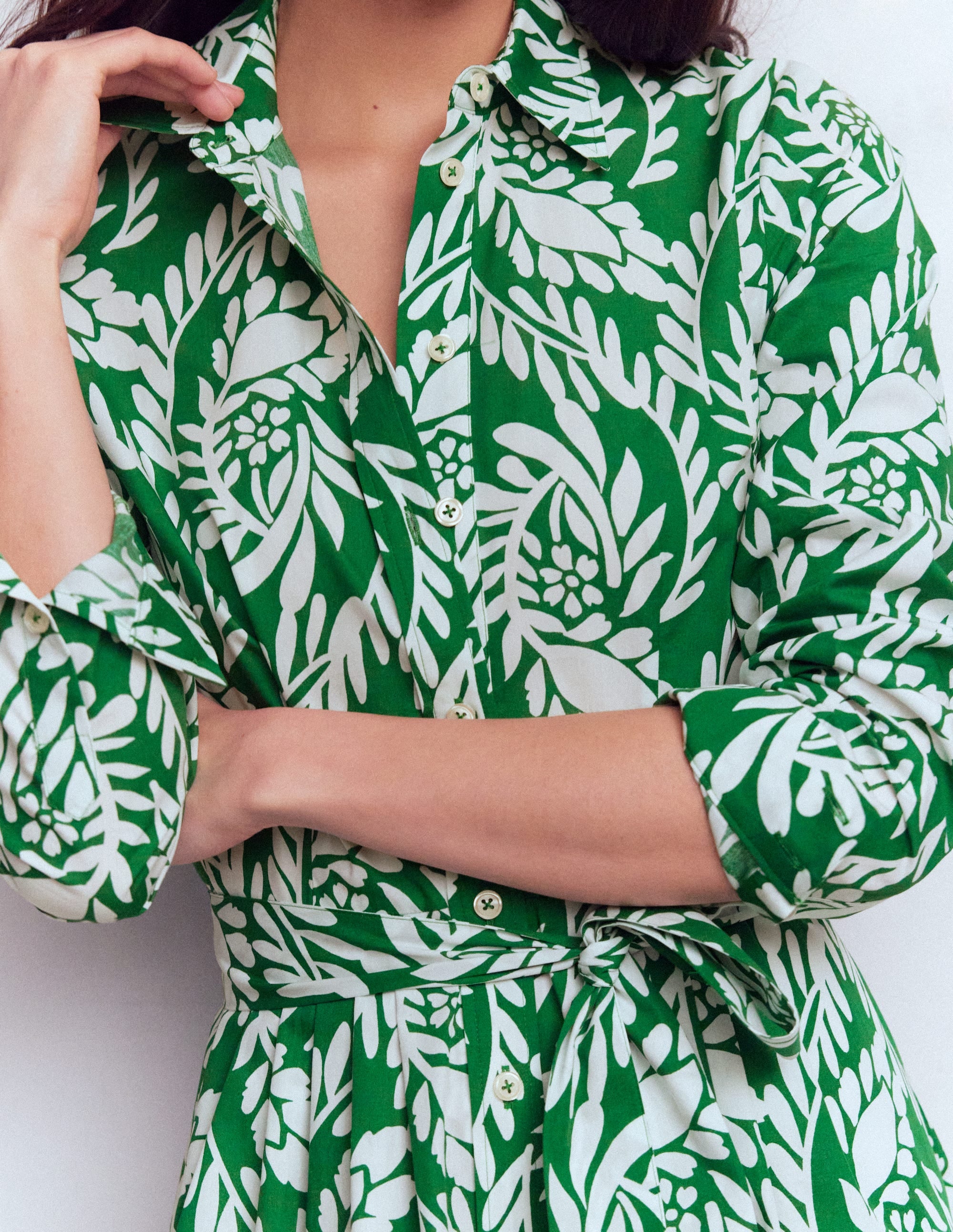 Alexa Cotton Midi Shirt Dress-Fresh Green, Scattered Vine - Image 2