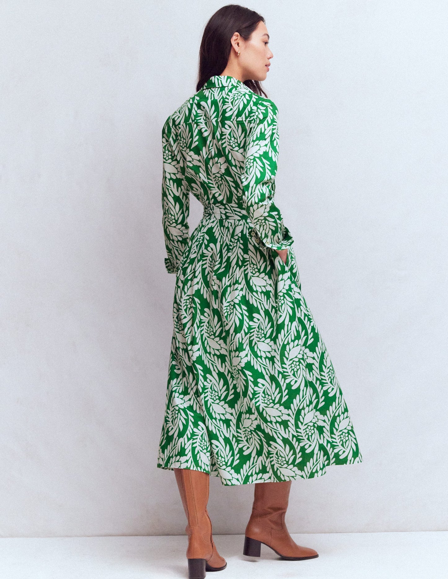 Alexa Long Sleeve Midi Dress-Fresh Green, Scattered Vine