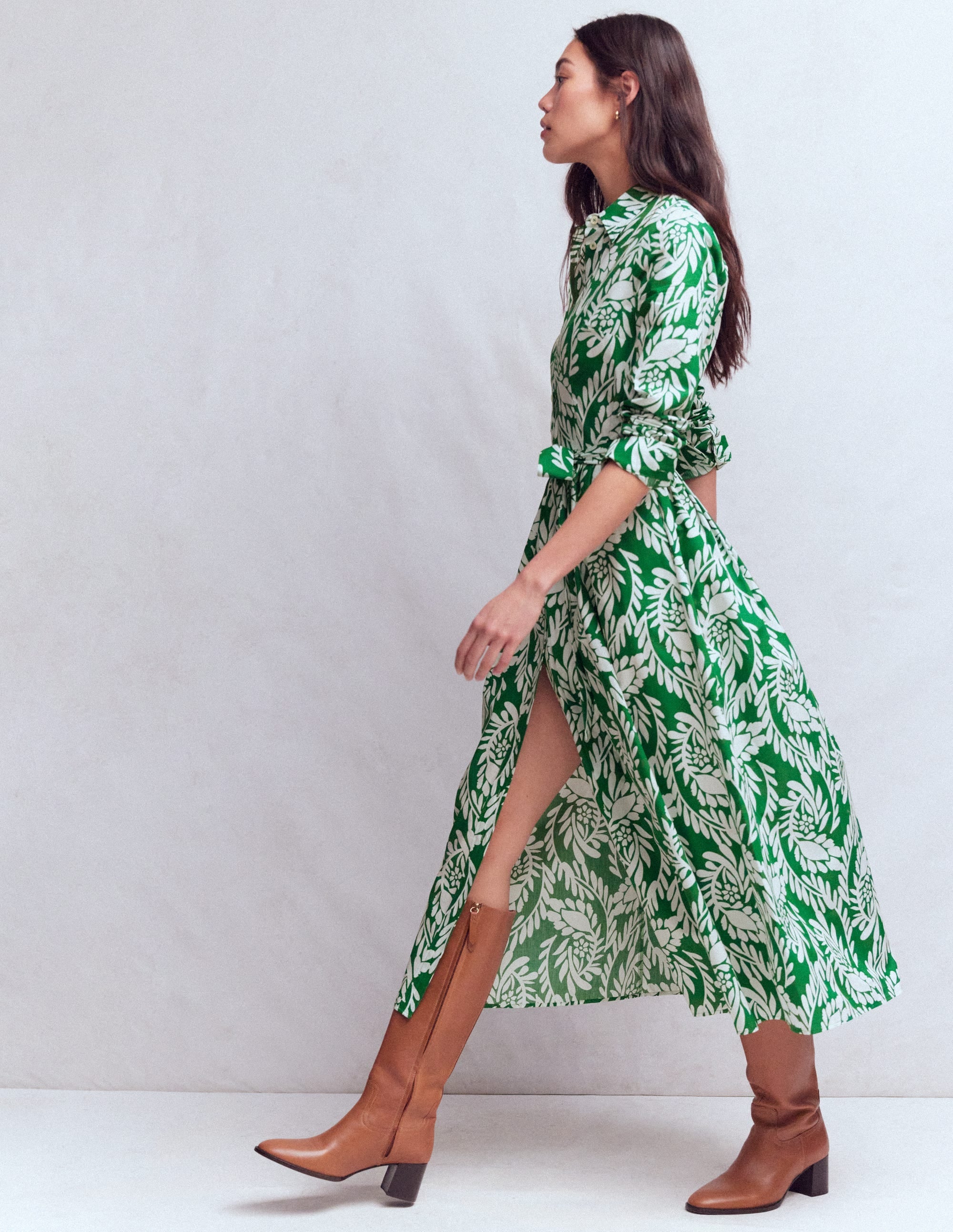 Alexa Cotton Midi Shirt Dress-Fresh Green, Scattered Vine - Image 4