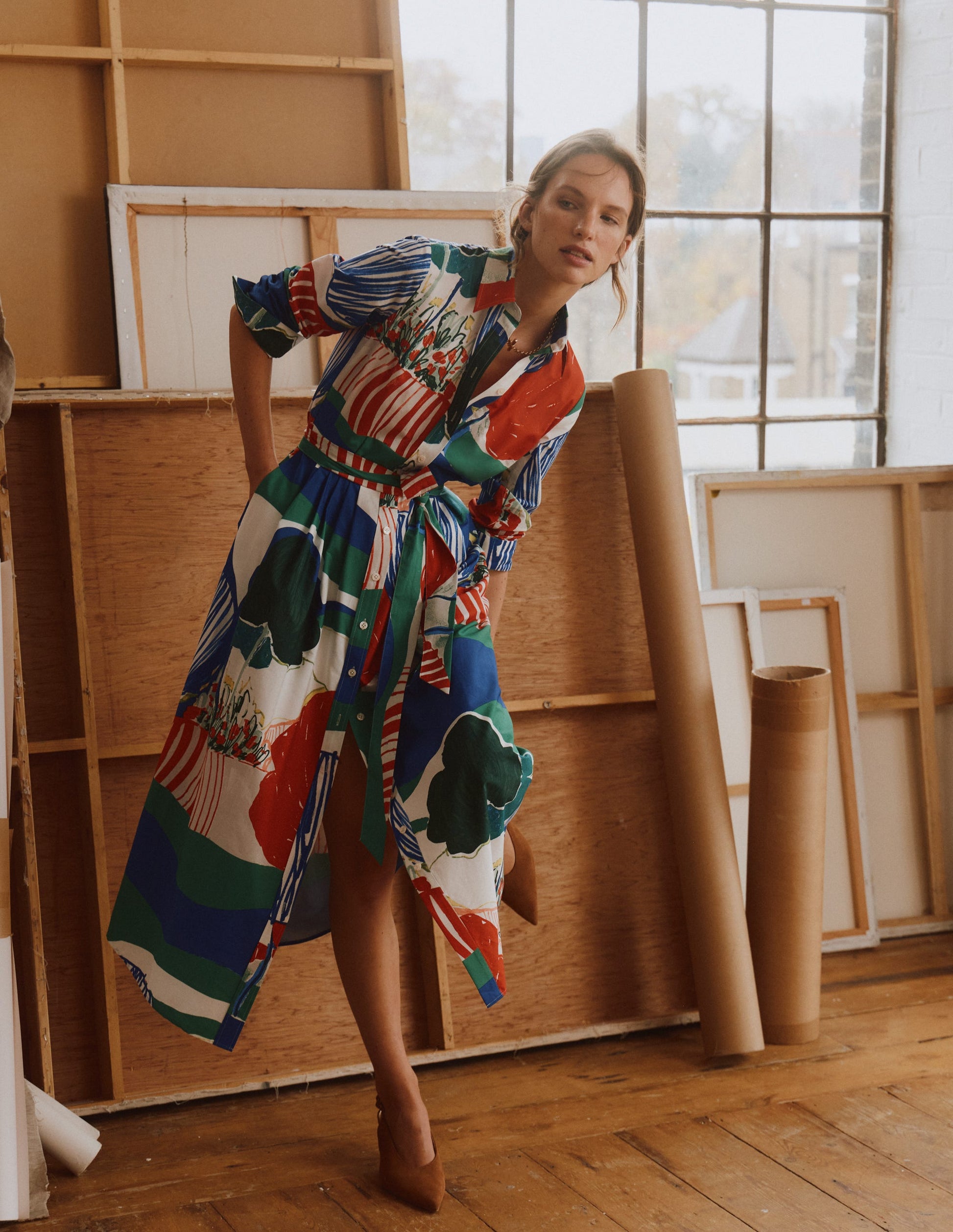 Alexa Long Sleeve Midi Dress-Multi Abstract Valley-7