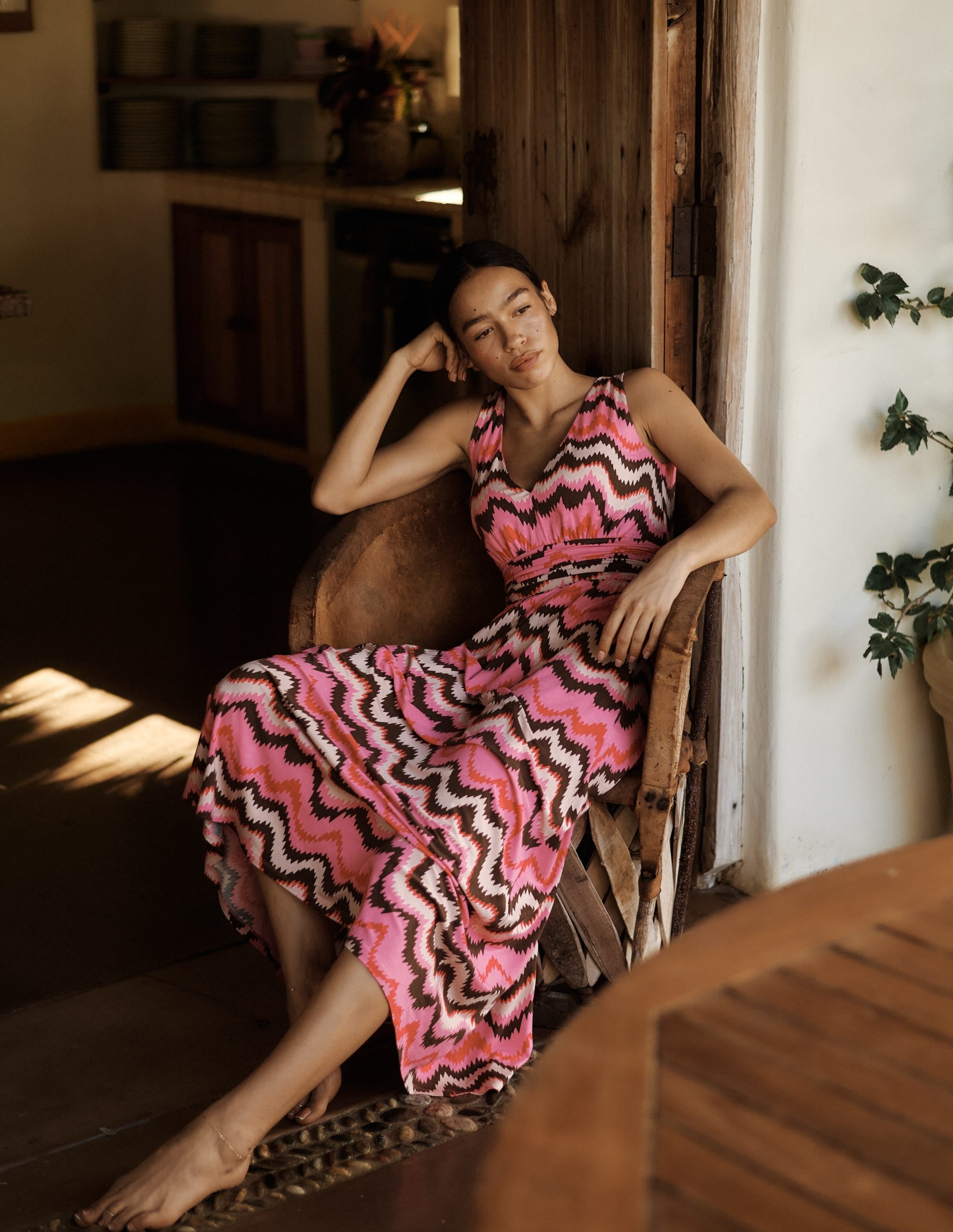 Elodie Jersey Maxi Dress-Pink Punch, Zig Zag Wave - Image 6