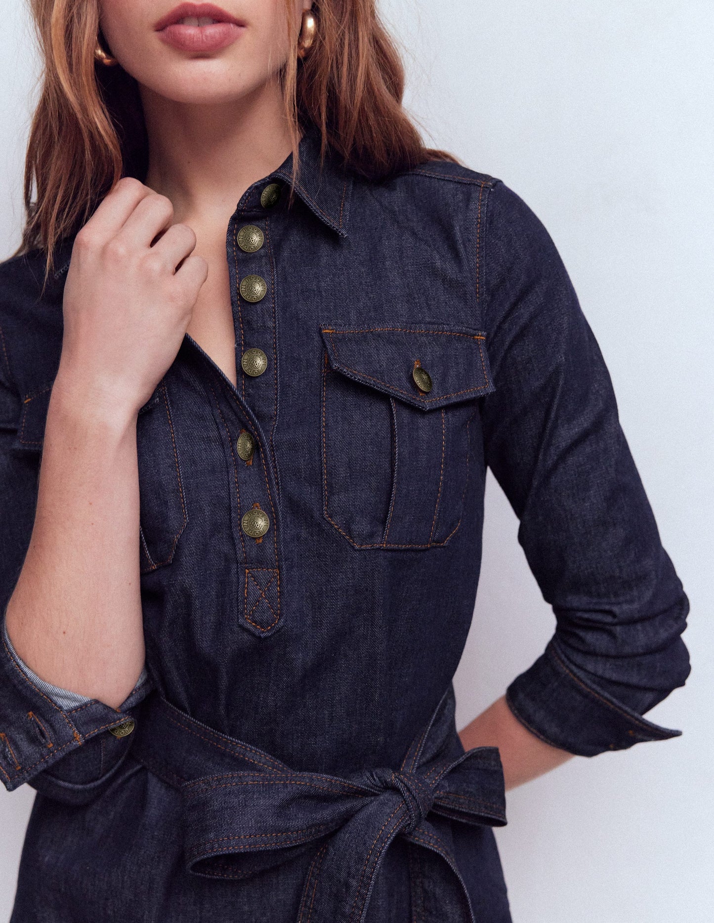 Half Placket Denim Dress-Indigo Wash