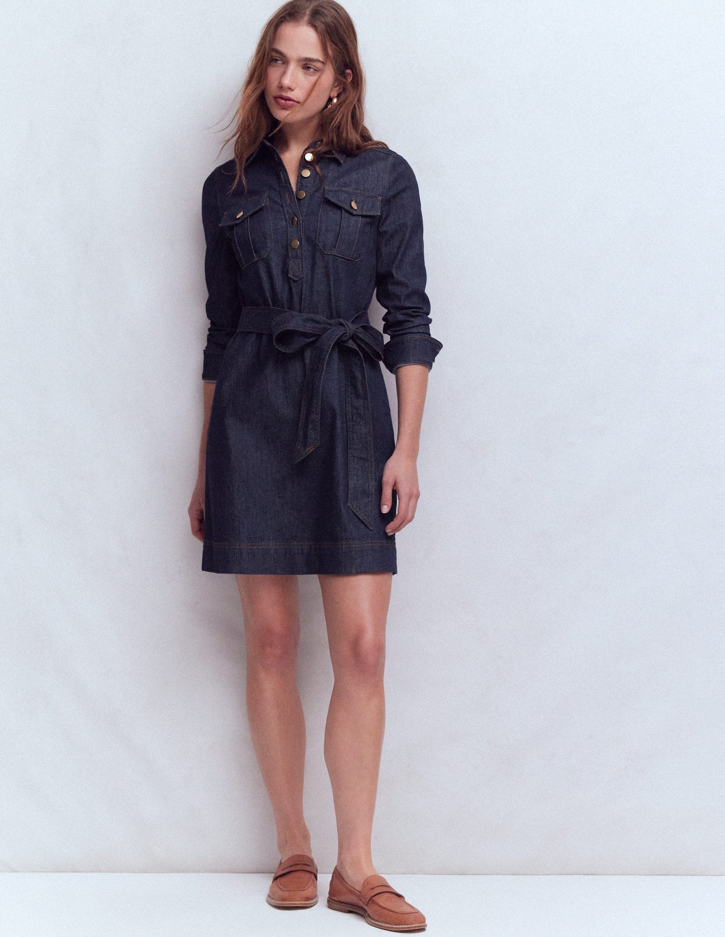 Half Placket Denim Dress-Indigo Wash
