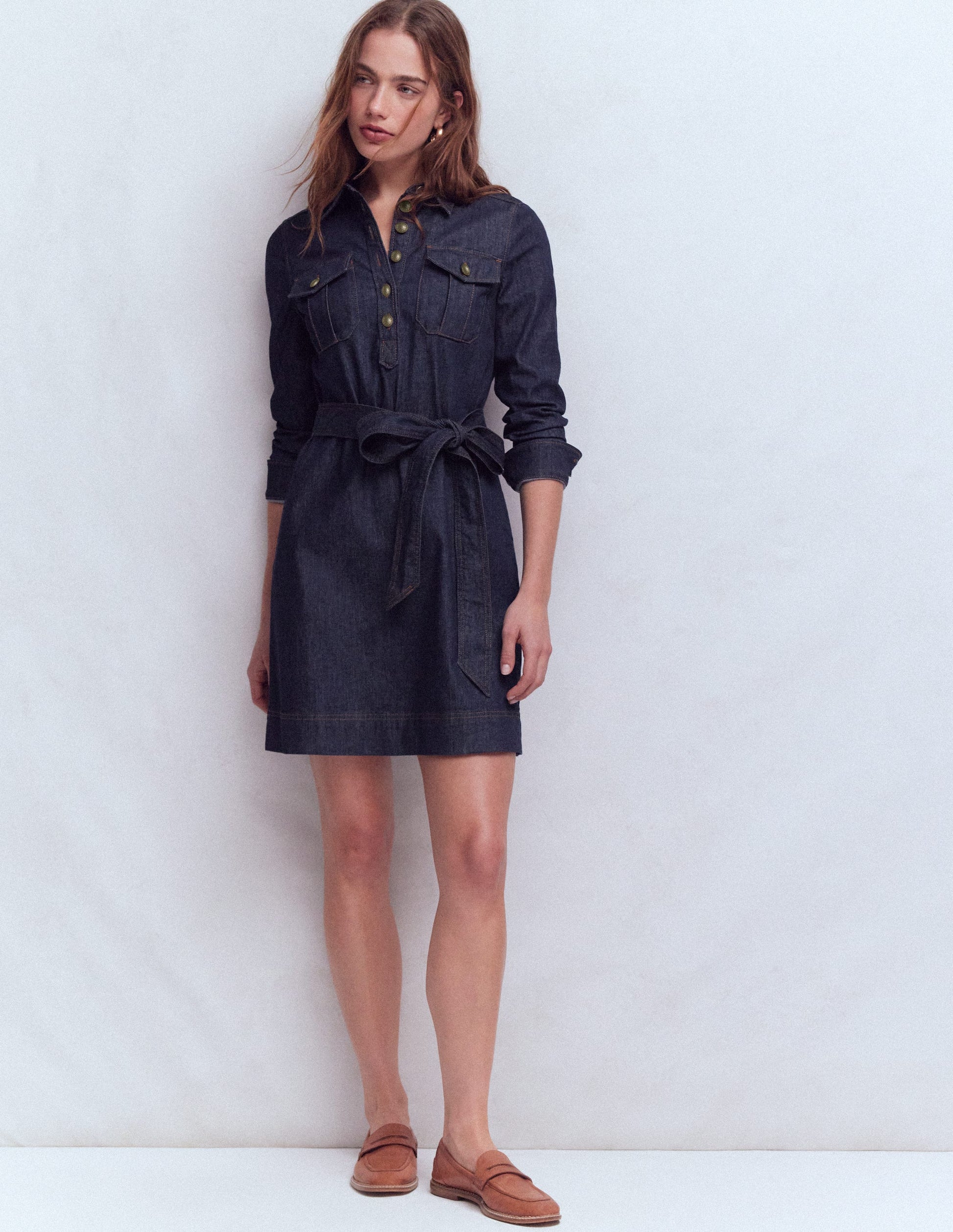 Half Placket Denim Dress-Indigo Wash-4