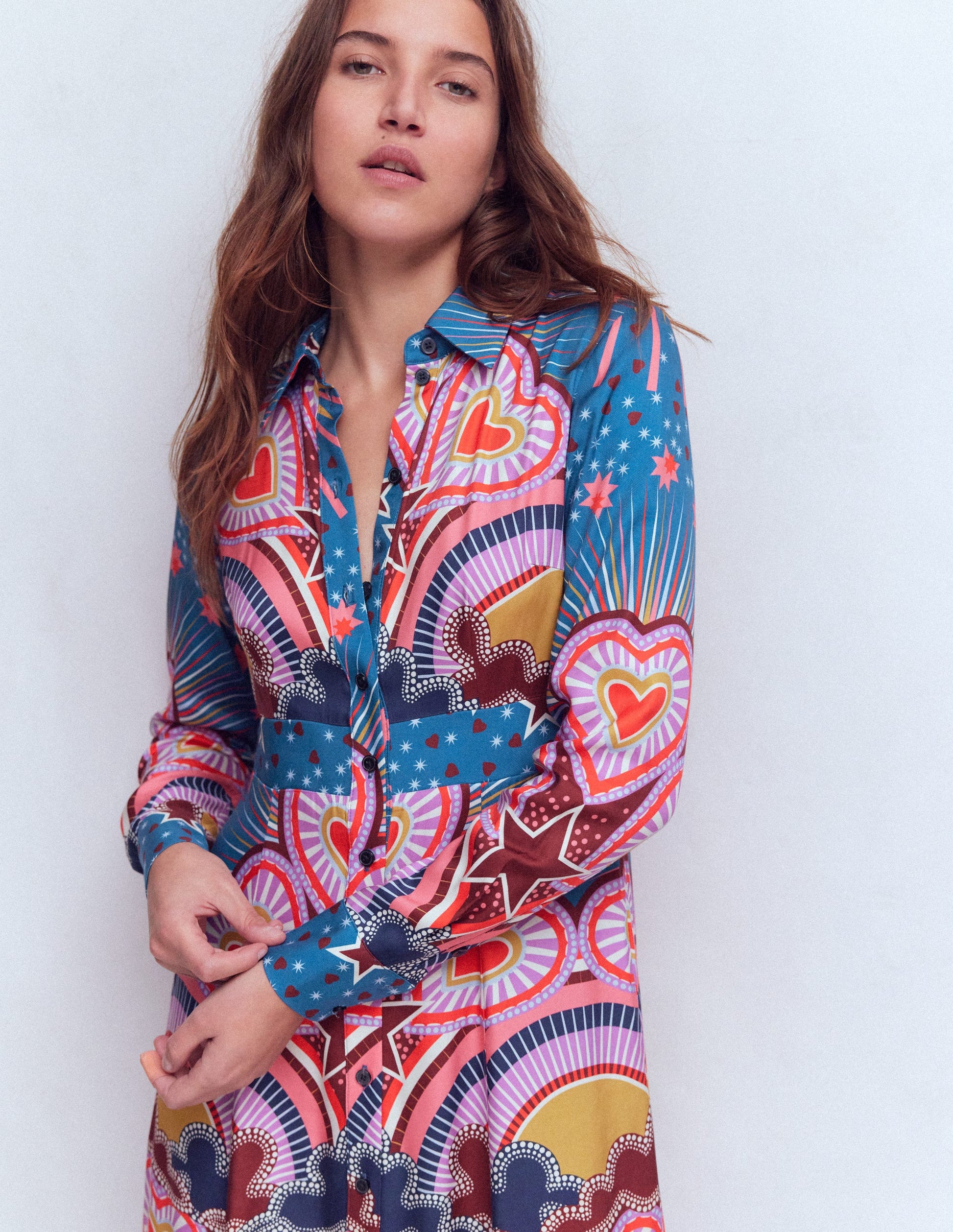 Empire Hotched Shirt Dress-Multi Heart-2