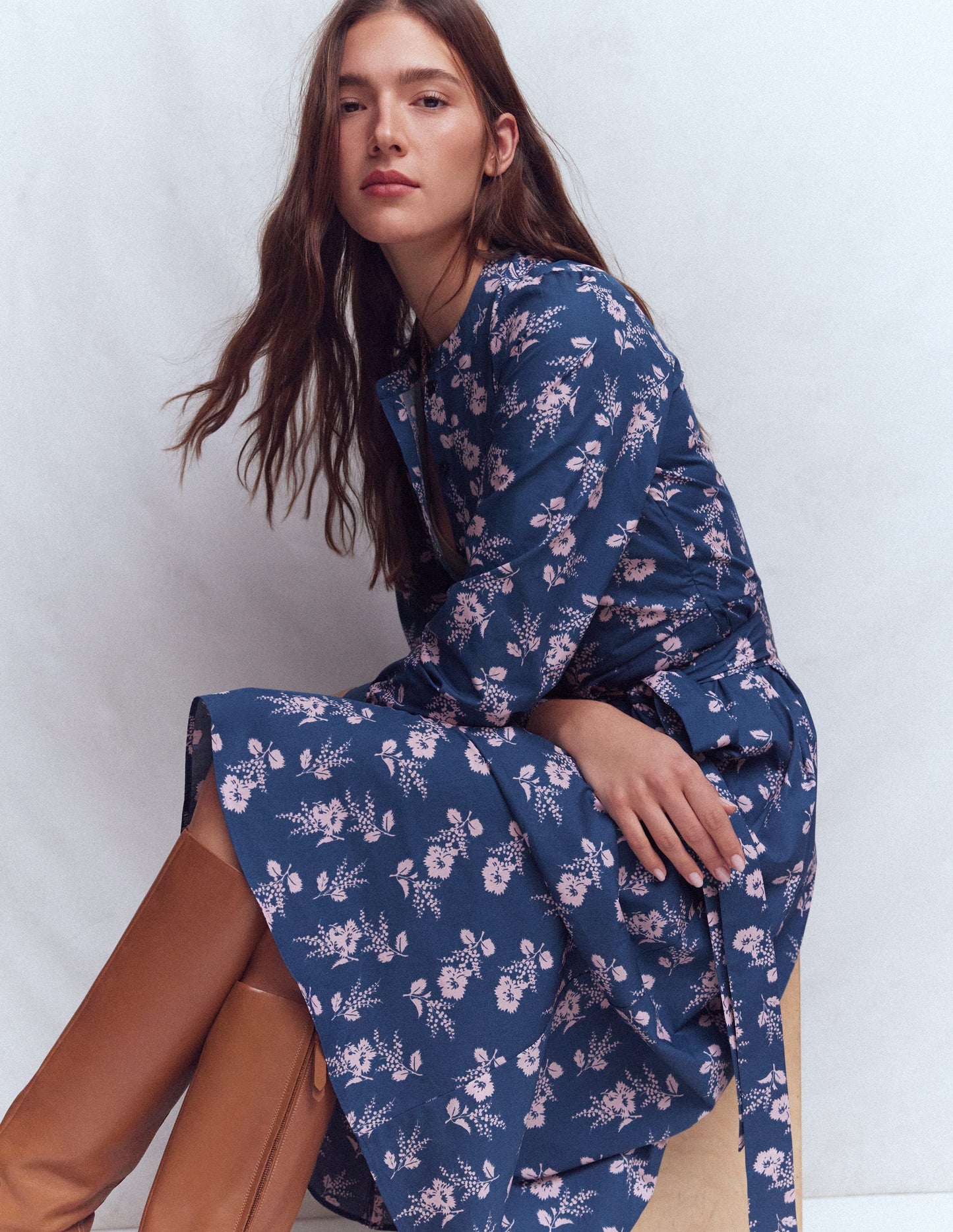 Ava Cotton Midi Dress-Navy, Blossomy Sprig