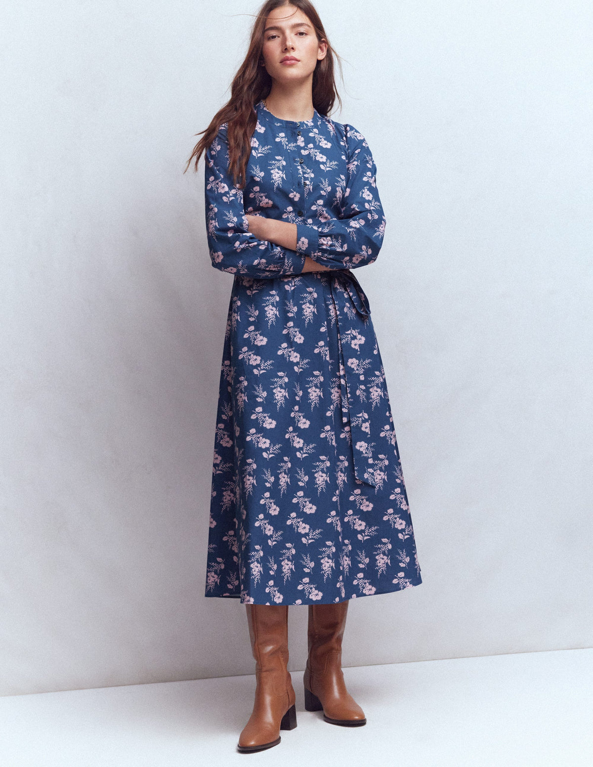 Ava Cotton Midi Dress-Denim Blue, Blossomy Sprig - Image 1