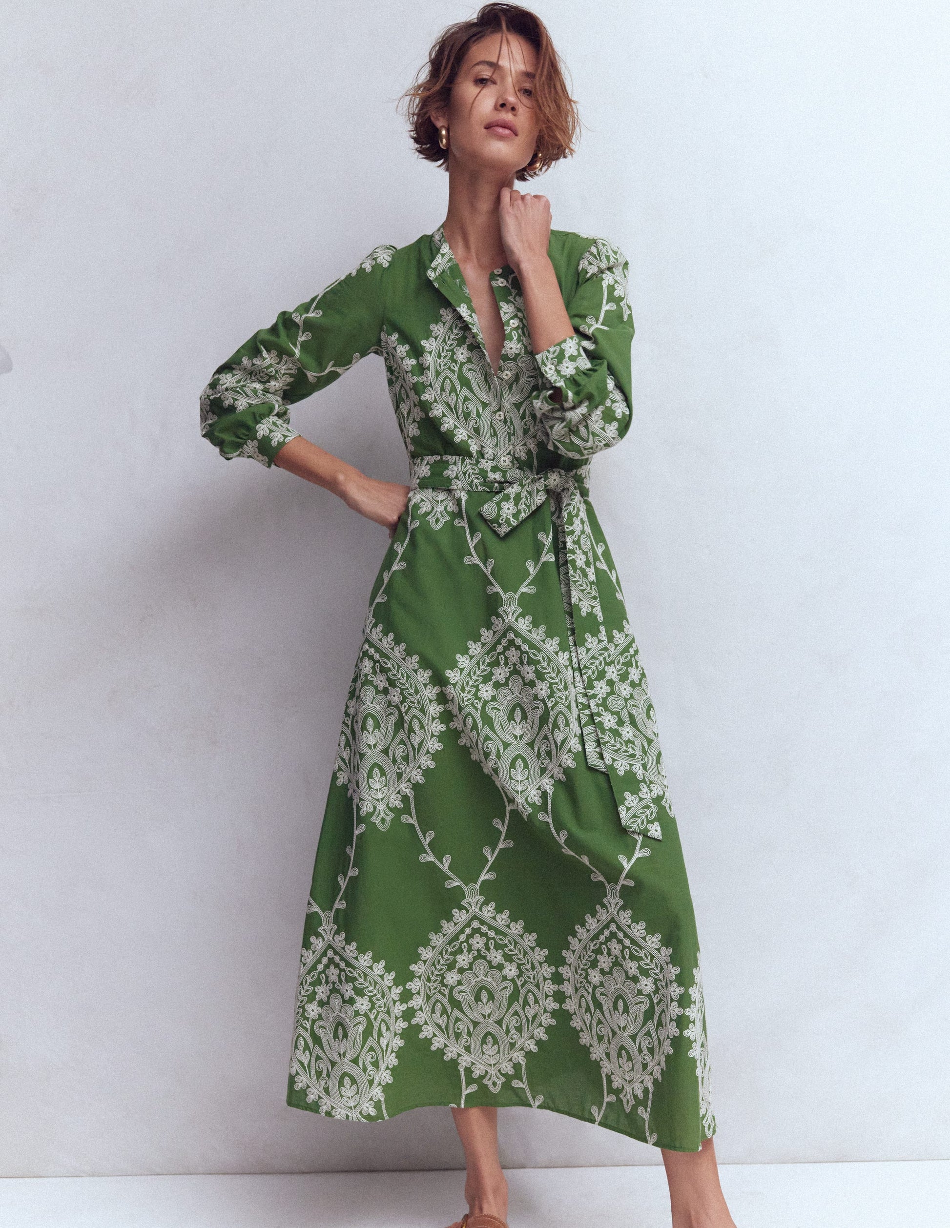 Ava Cotton Midi Dress-Green Broderie | Boden Global Ava Cotton Midi Dress-Green Broderie | Boden Global