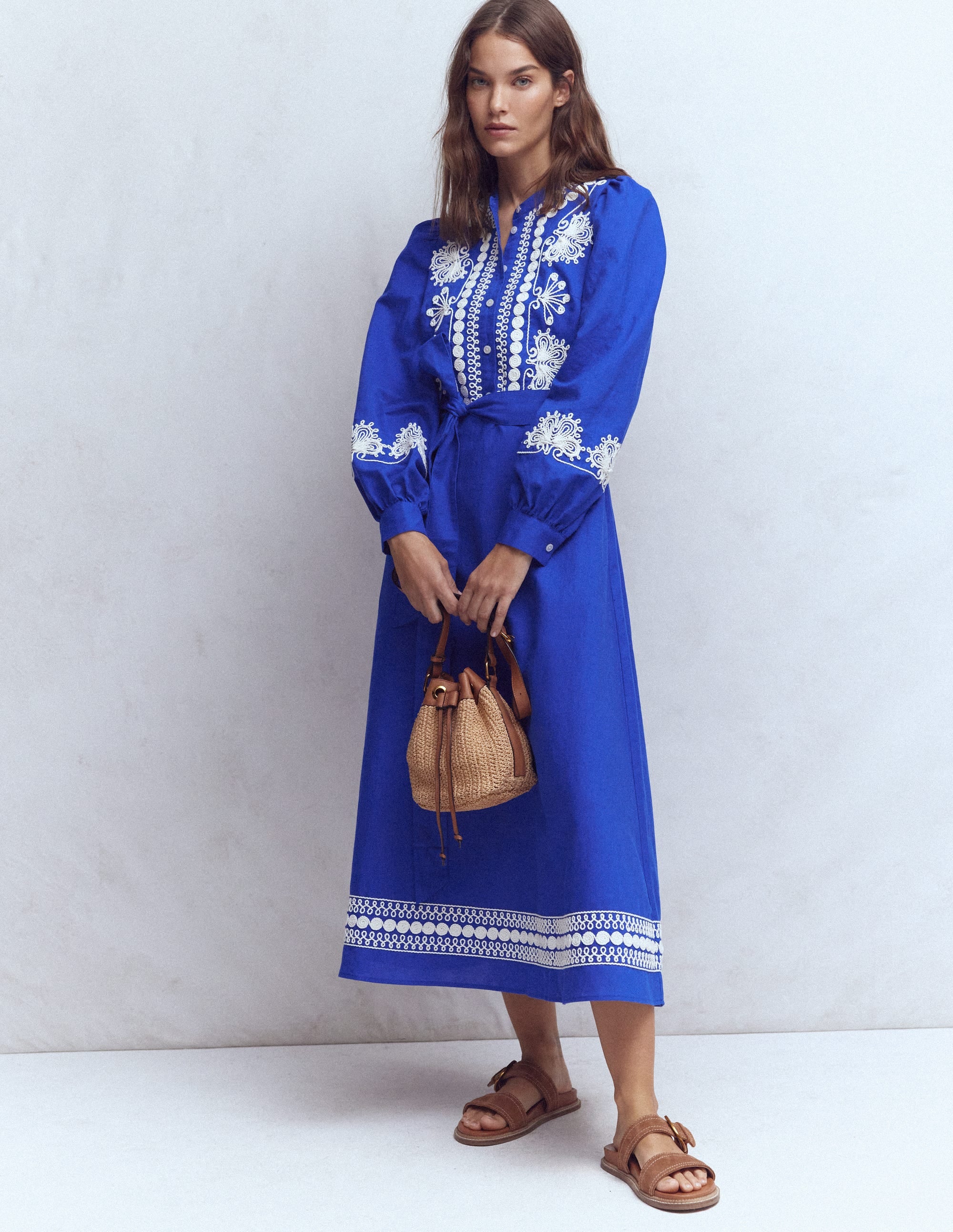 Ava Linen Blend Midi Dress-Blue Embroidery - Image 1