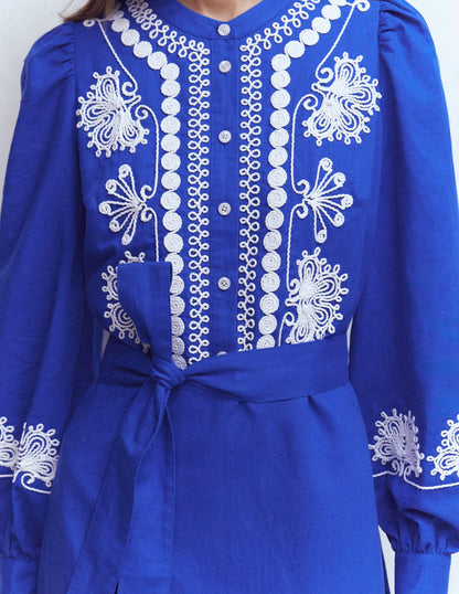 Ava Linen Blend Midi Dress-Blue Embroidery-3