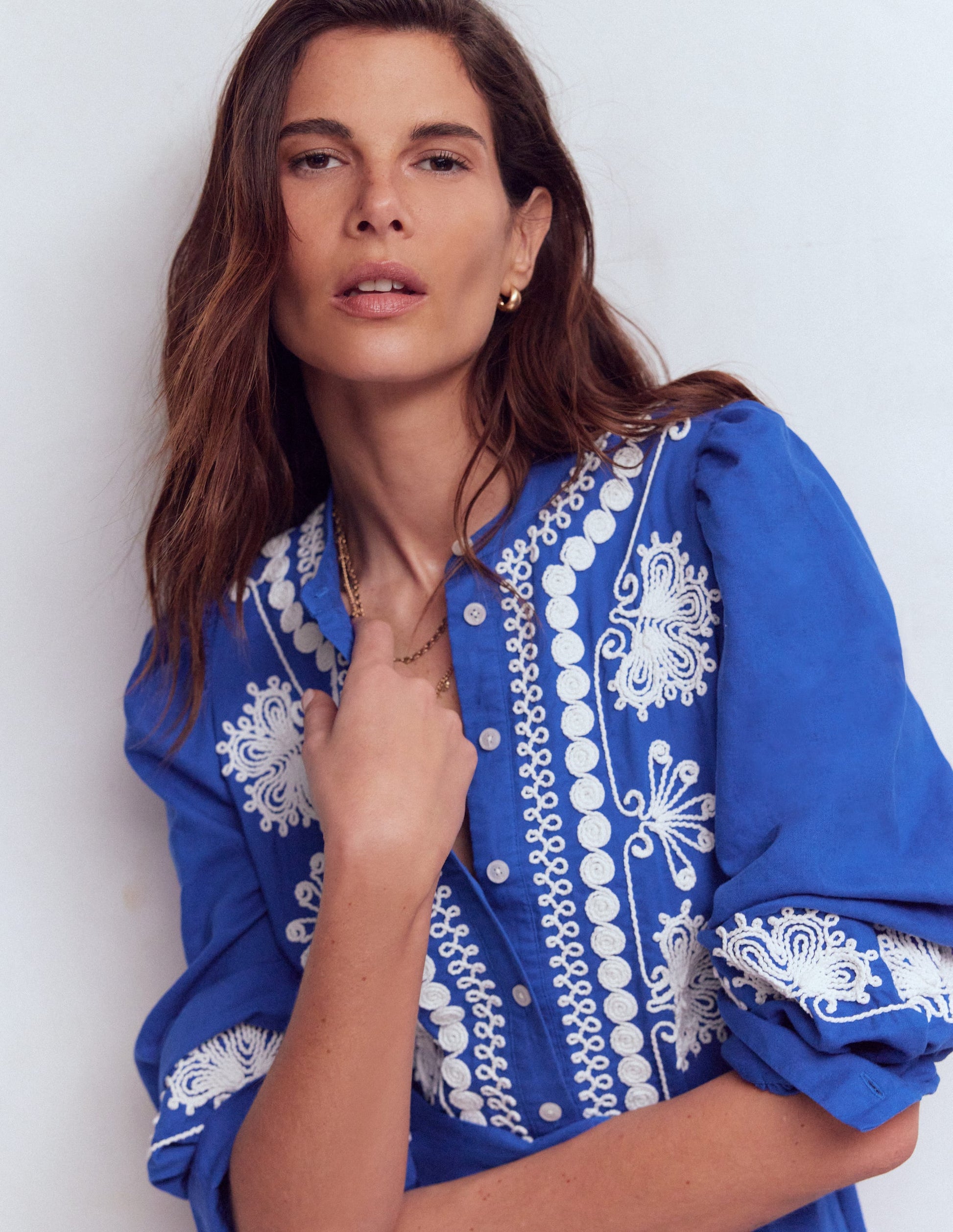 Ava Linen Blend Midi Dress-Blue Embroidery-2