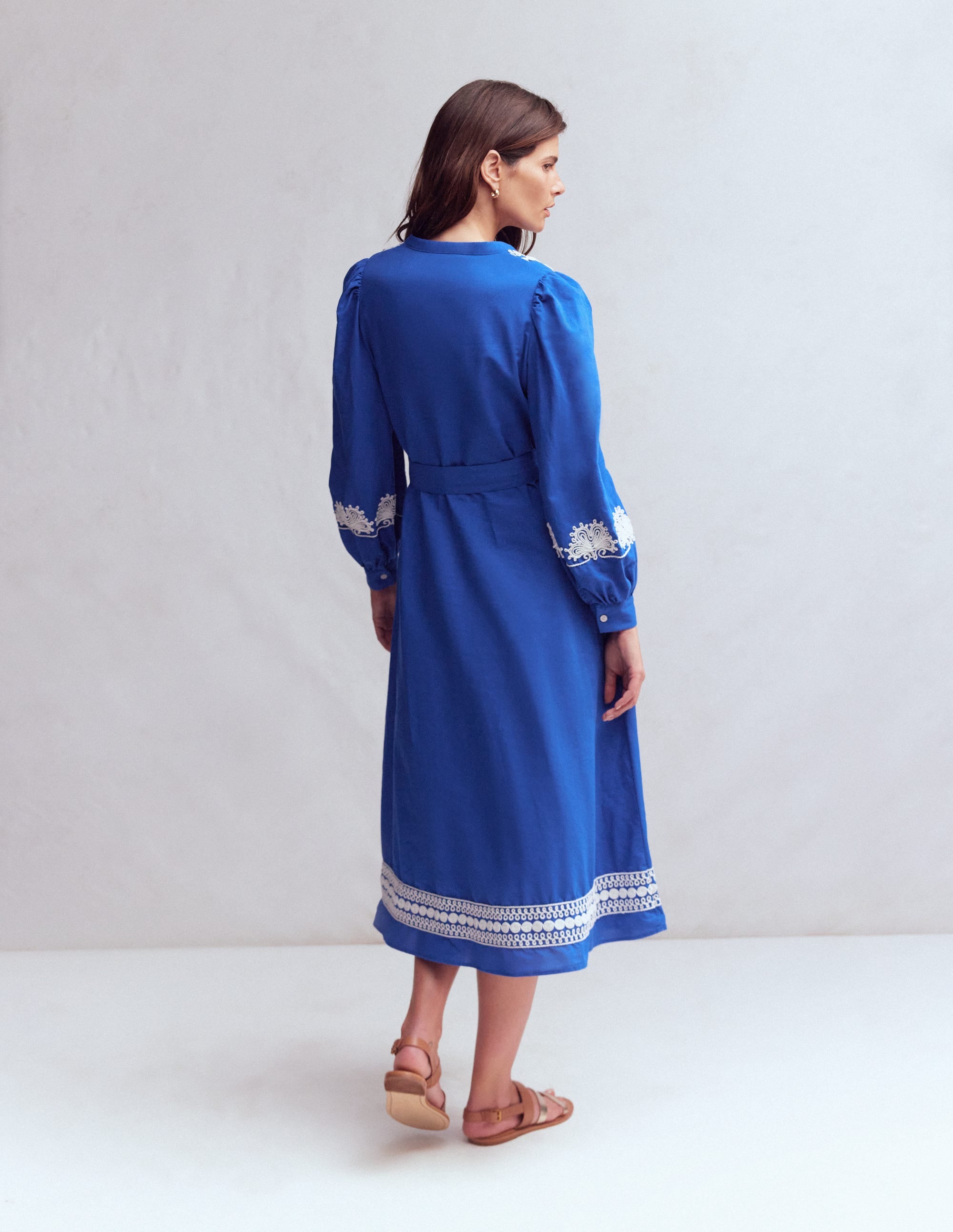 Ava Linen Blend Midi Dress-Blue Embroidery - Image 3