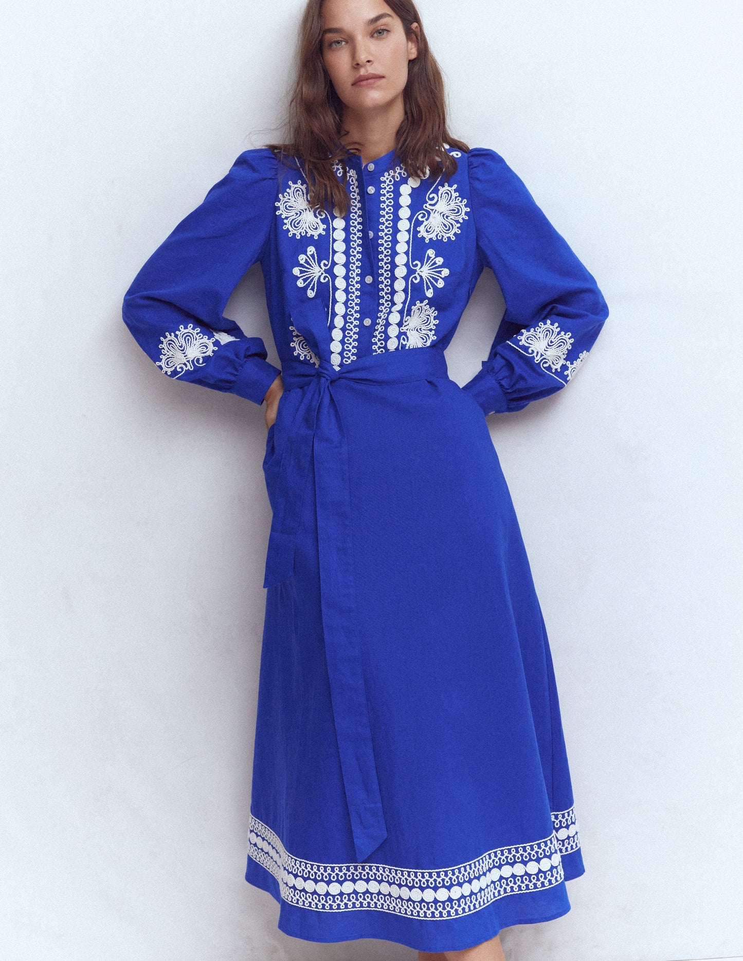 Ava Linen Blend Midi Dress-Blue Embroidery