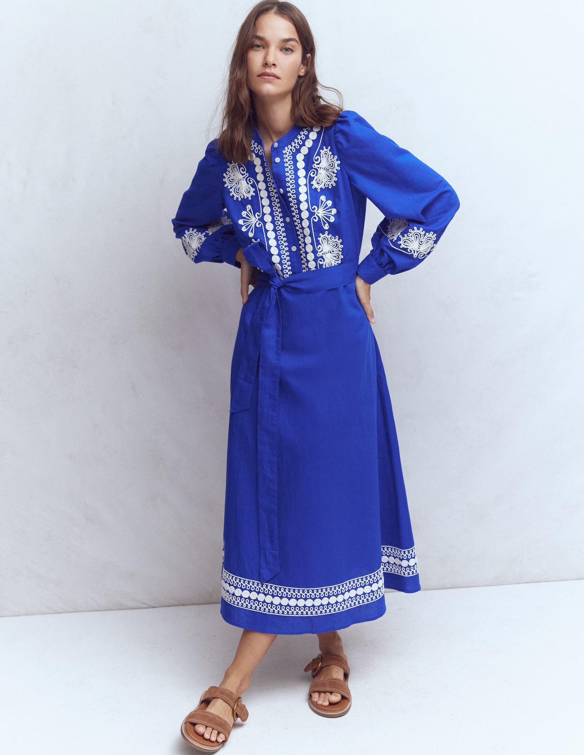 Ava Linen Blend Midi Dress-Blue Embroidery-6