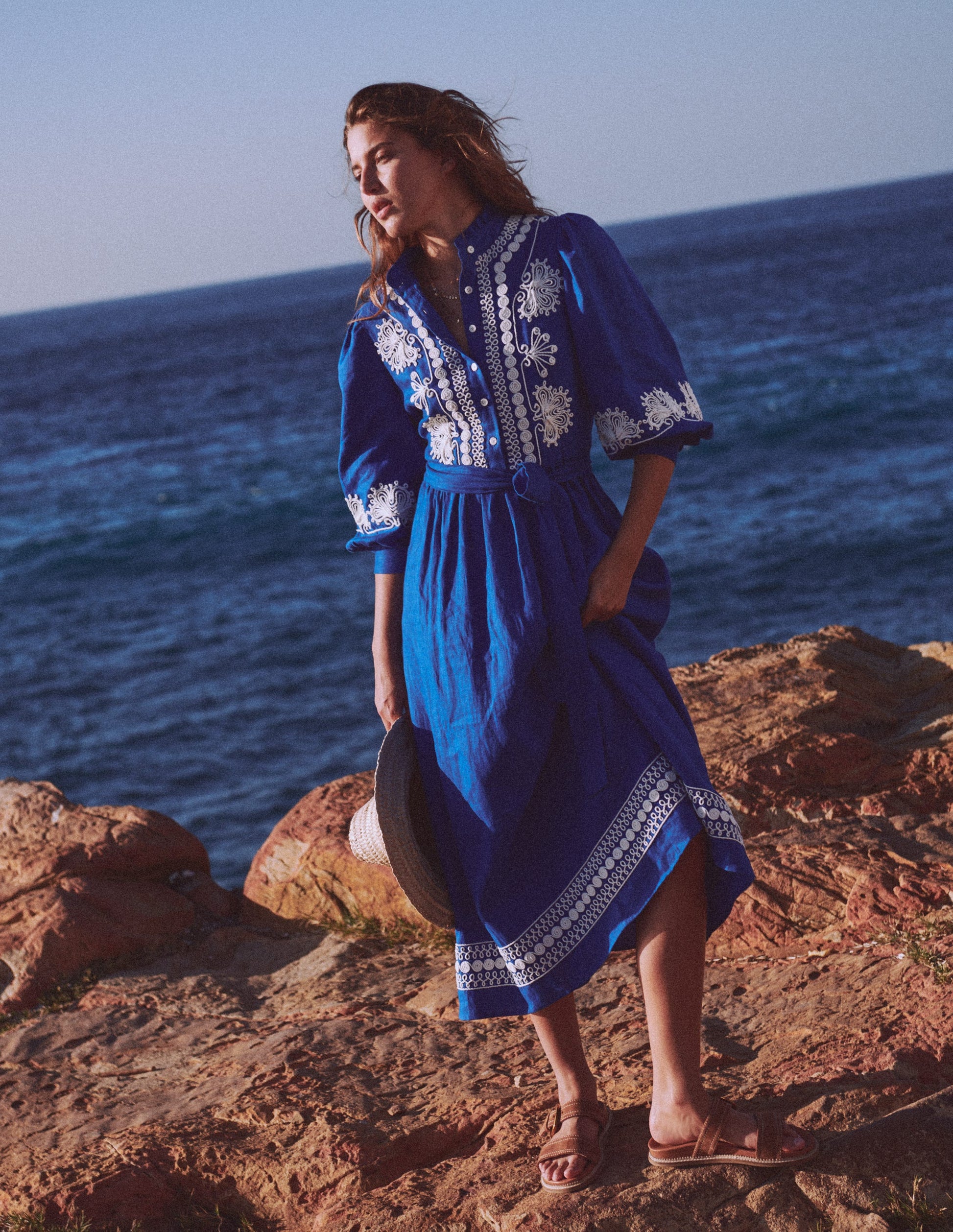 Ava Linen Blend Midi Dress - Blue Embroidery