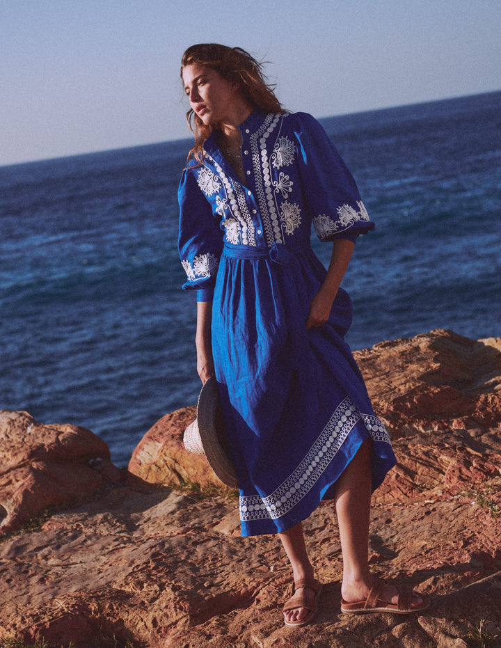 Ava Linen Blend Midi Dress-Blue Embroidery