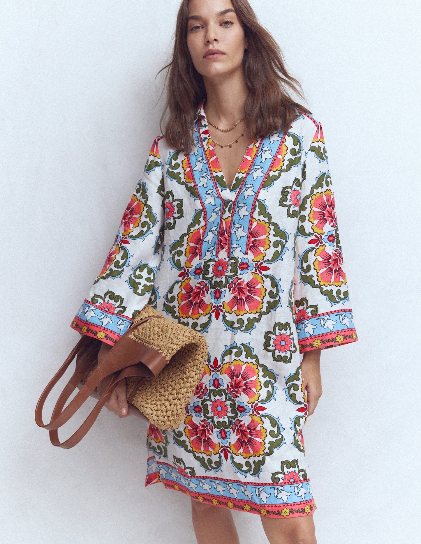 Carmen Linen Short Dress-Multi, Ornamental Trellis