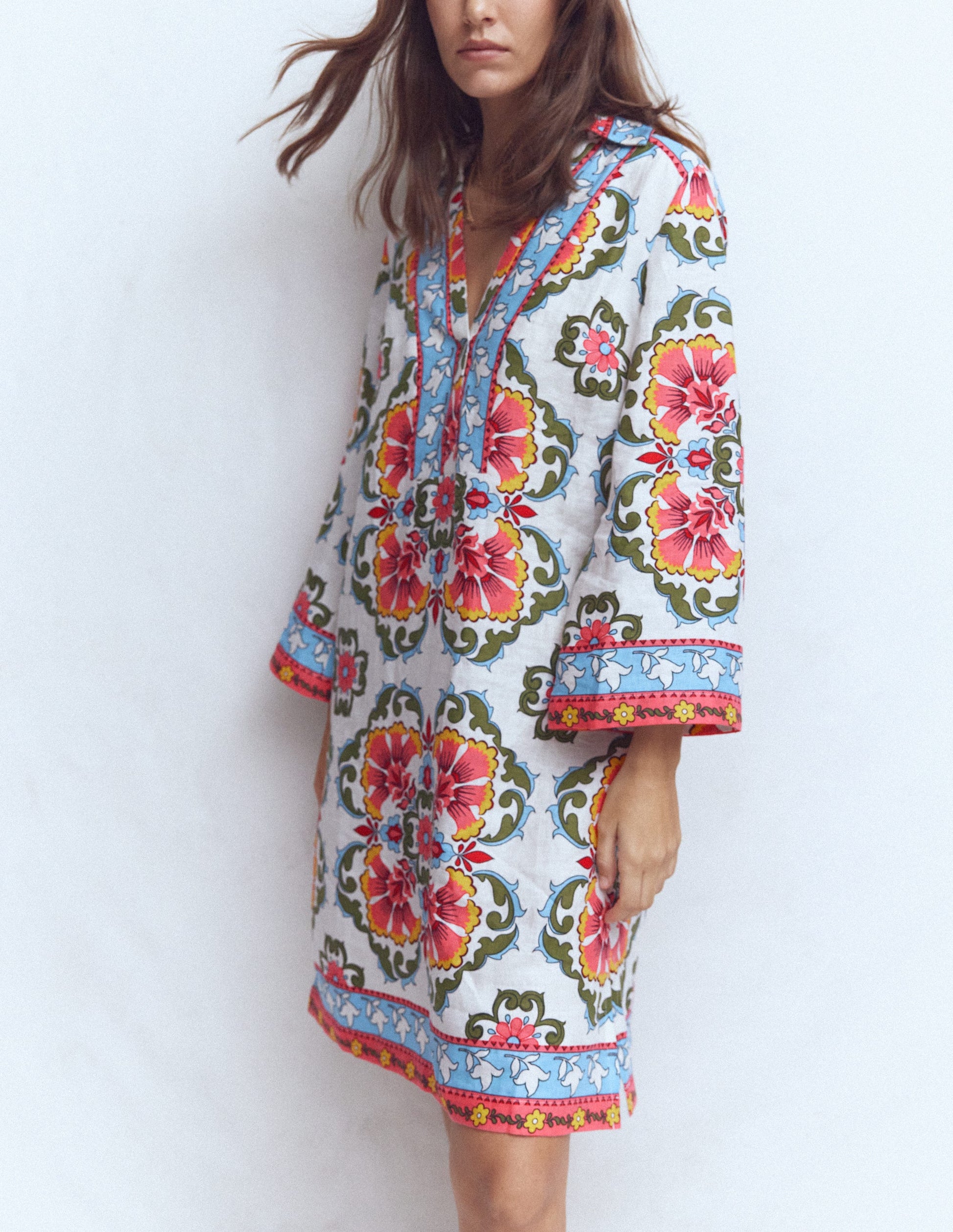 Carmen Linen Short Dress-Multi, Ornamental Trellis-5