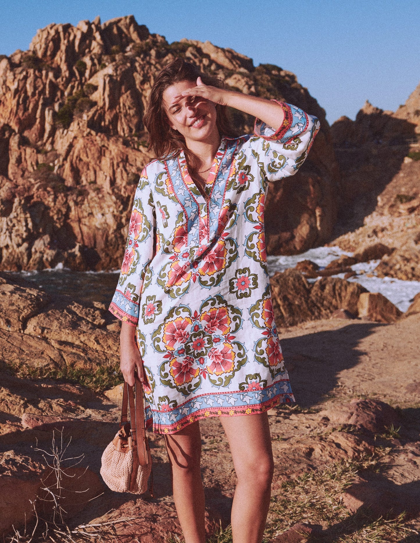 Carmen Linen Short Dress-Multi, Ornamental Trellis