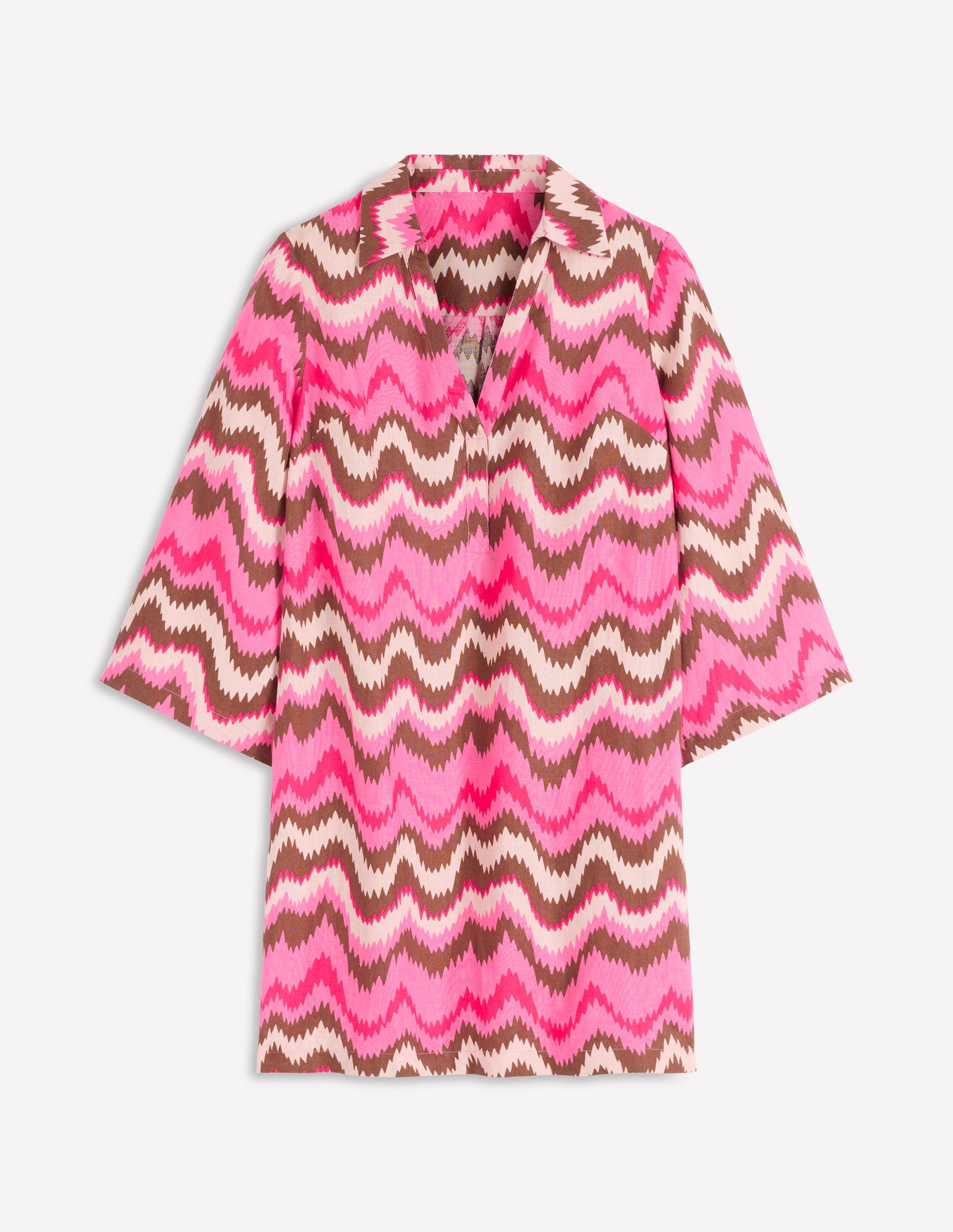 Carmen Linen Short Dress-Pink, Zig Zag Wave-5