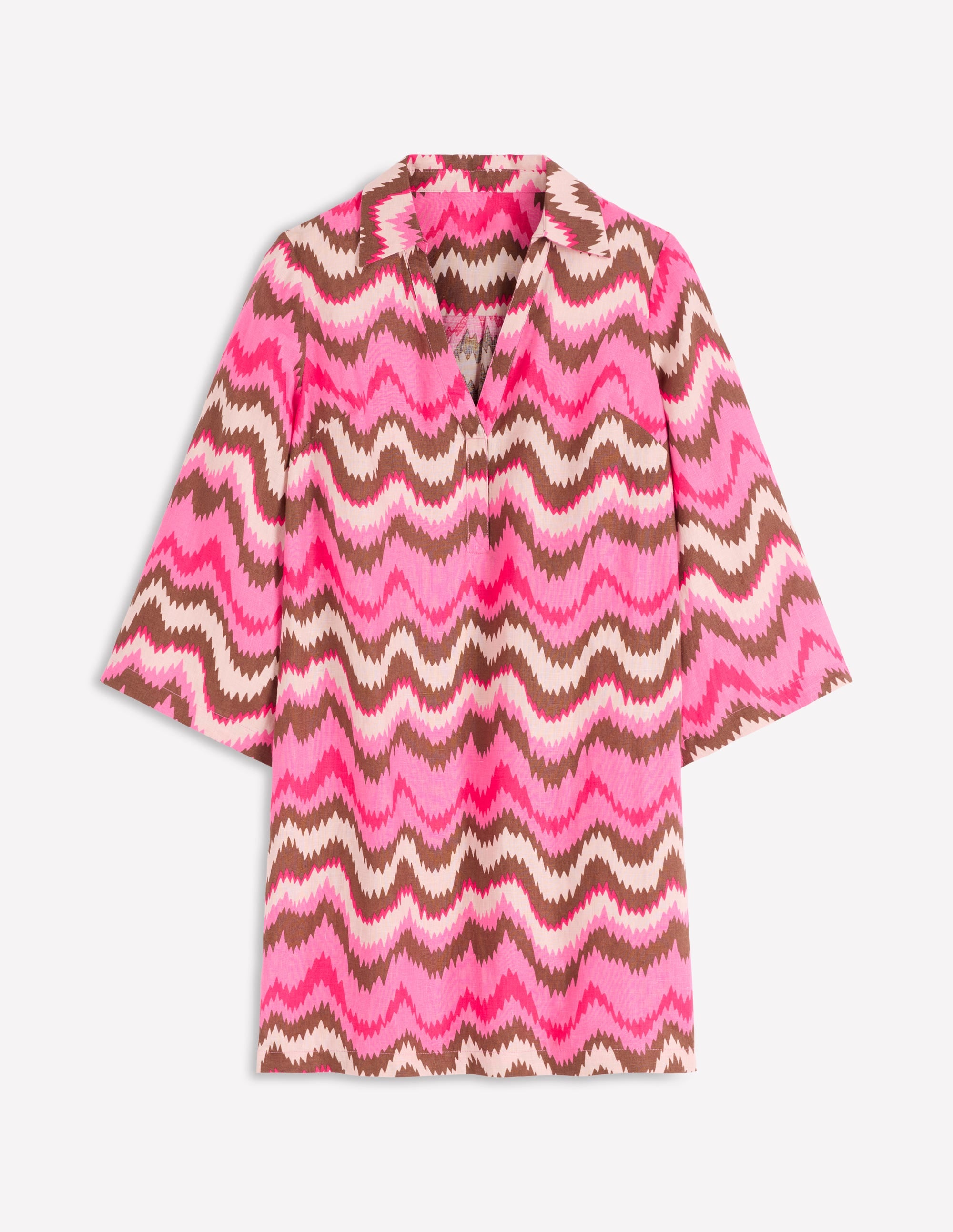 Carmen Linen Short Dress-Pink, Zig Zag Wave - Image 5