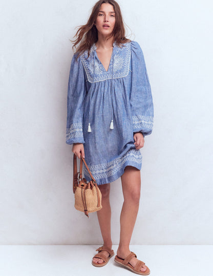 Pia Linen Yoke Tassel Dress-Chambray Embroidery-1