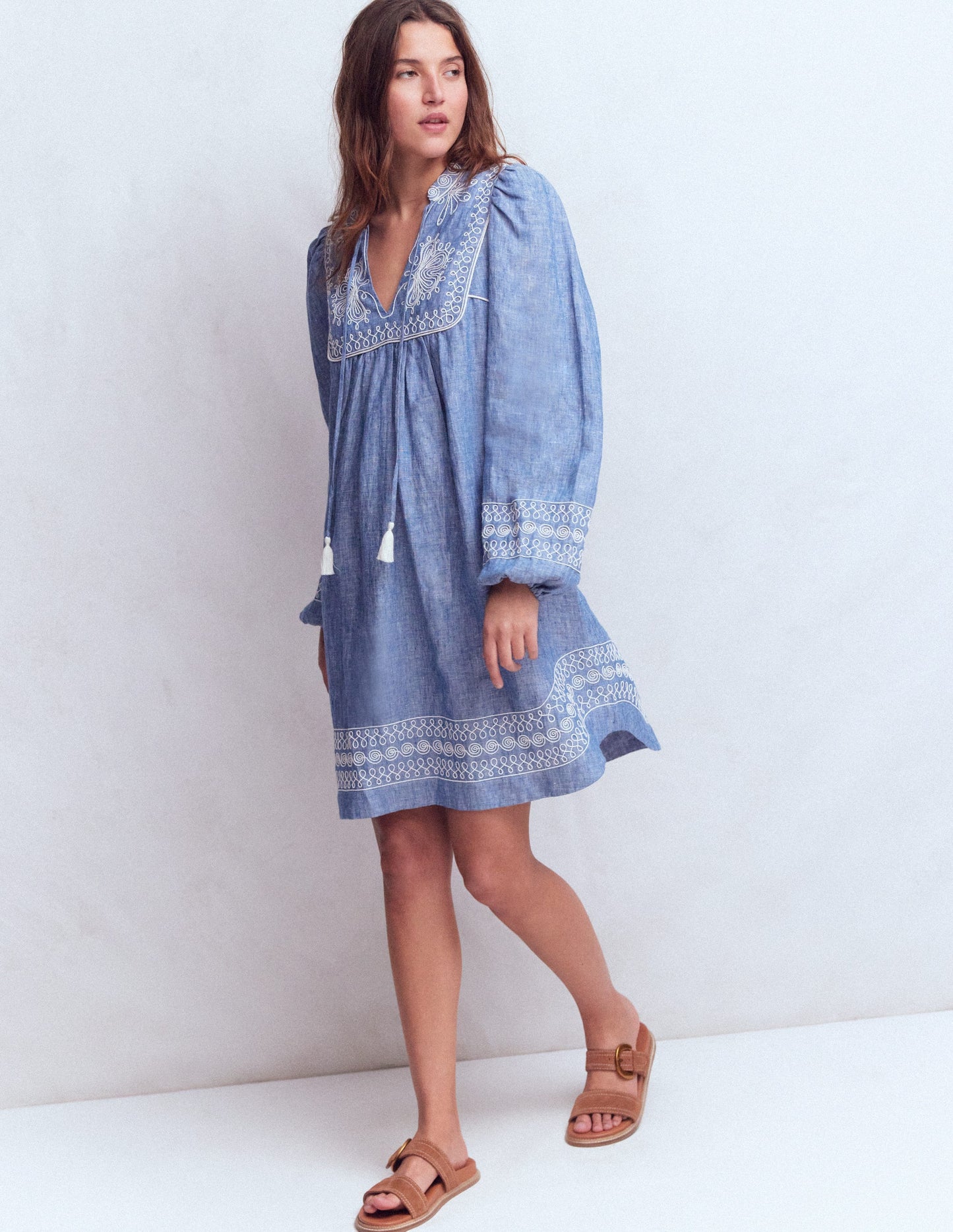 Pia Linen Yoke Tassel Dress-Chambray Embroidery