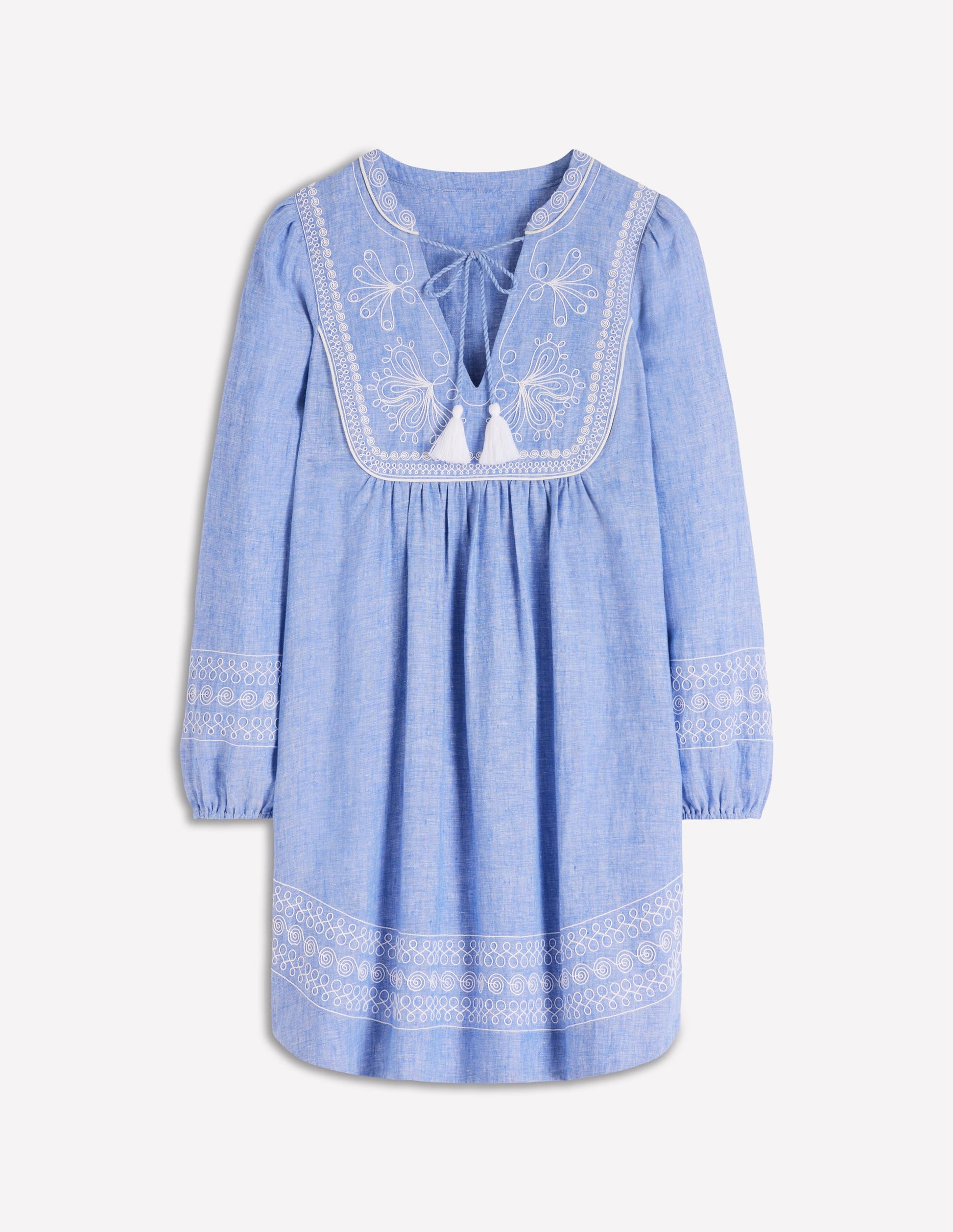 Pia Linen Yoke Tassel Dress-Chambray Embroidery-7