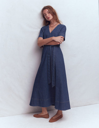 V-Neck Denim Dress-Mid Vintage-2