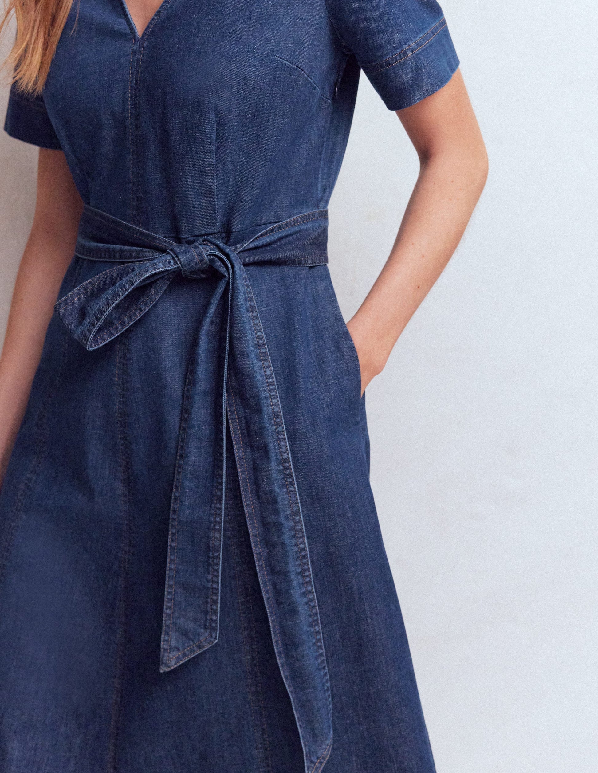 V-Neck Denim Dress-Mid Vintage-2