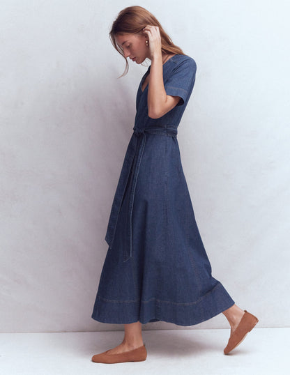 V-Neck Denim Dress-Mid Vintage-5