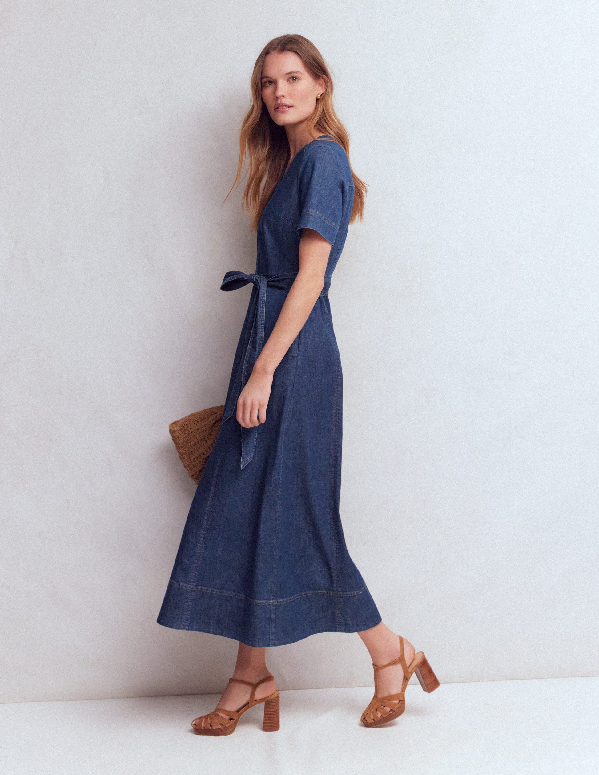 V-Neck Denim Dress-Mid Vintage-4