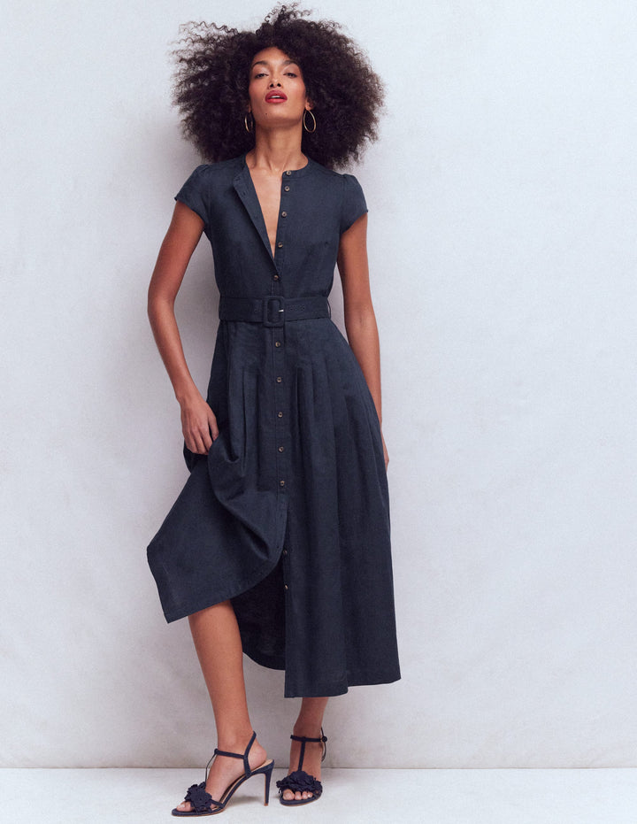 Arabella Linen Blend Dress-Navy