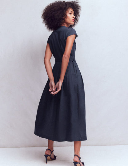 Arabella Linen Blend Dress-Navy-3