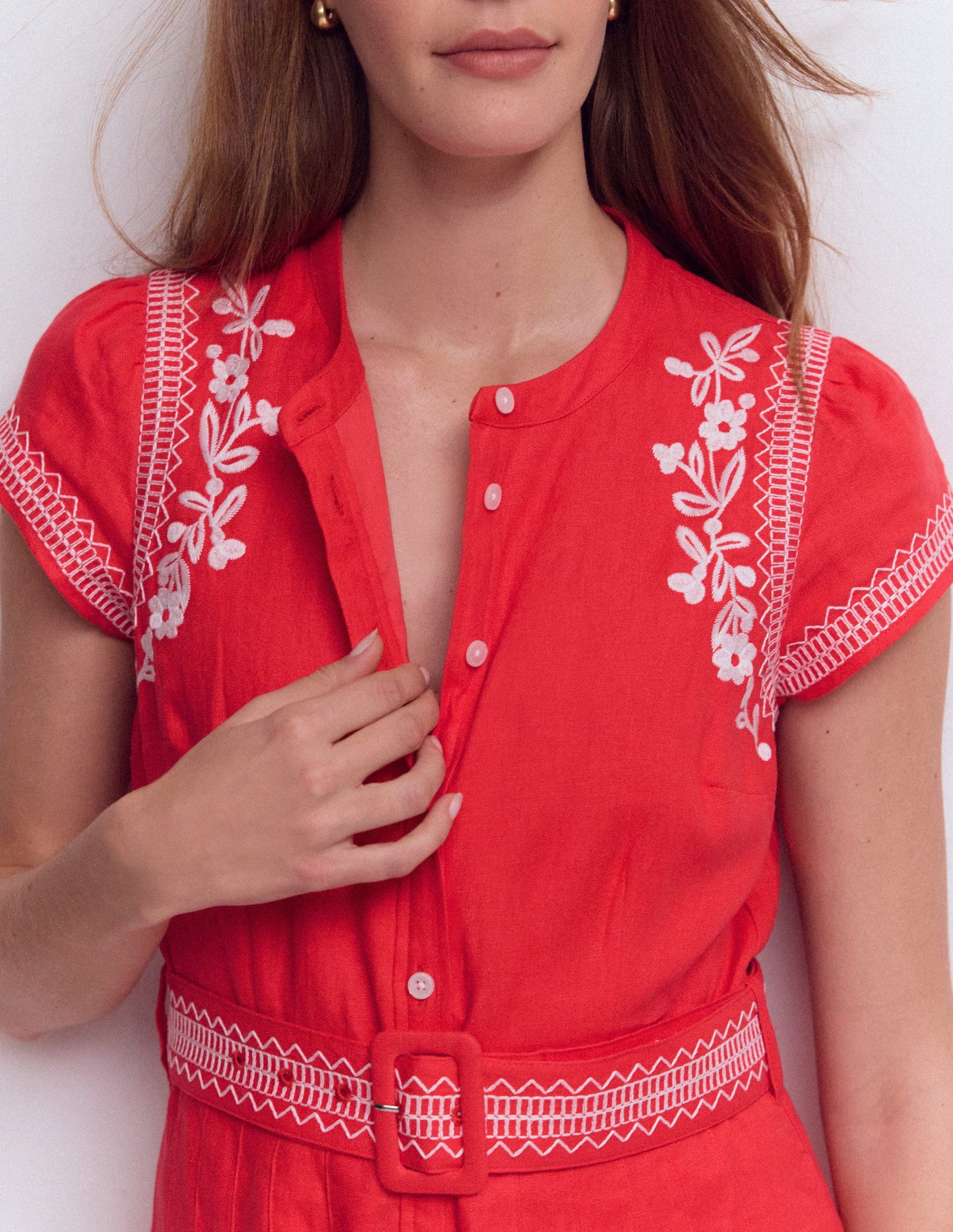 Arabella Linen Blend Dress-Red Embroidery