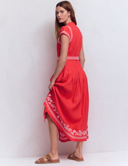 Arabella Linen Blend Dress-Red Embroidery-3