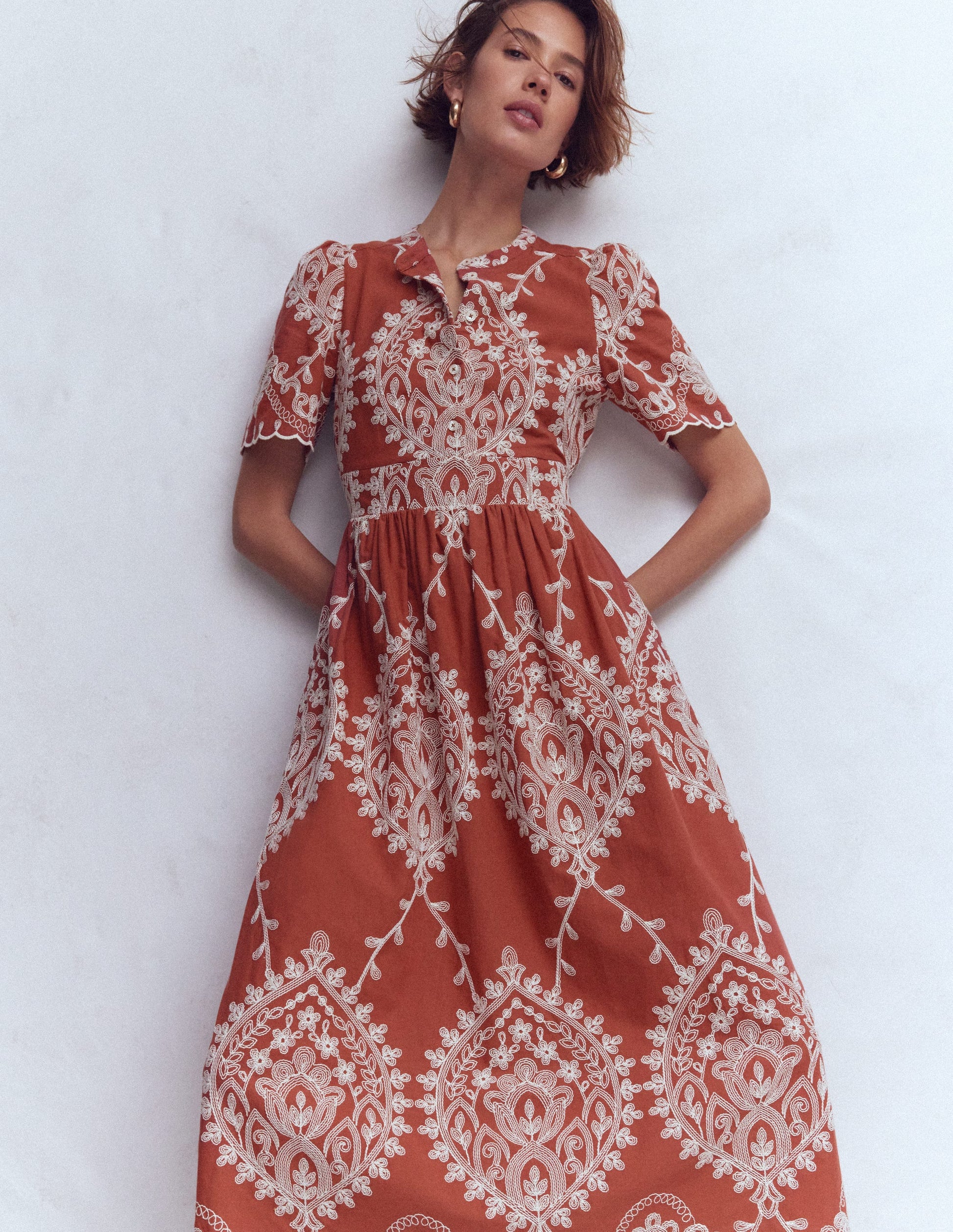 boden dresses Ivy Button Cotton Midi Dress - Rust Embroidery