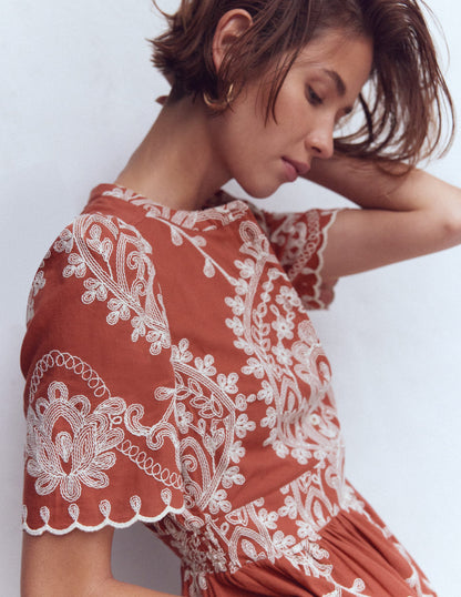 Ivy Cotton Midi Dress-Rust Embroidery-3