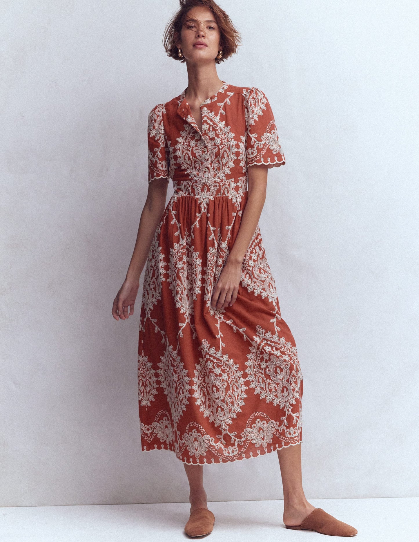 Ivy Cotton Midi Dress-Rust Embroidery