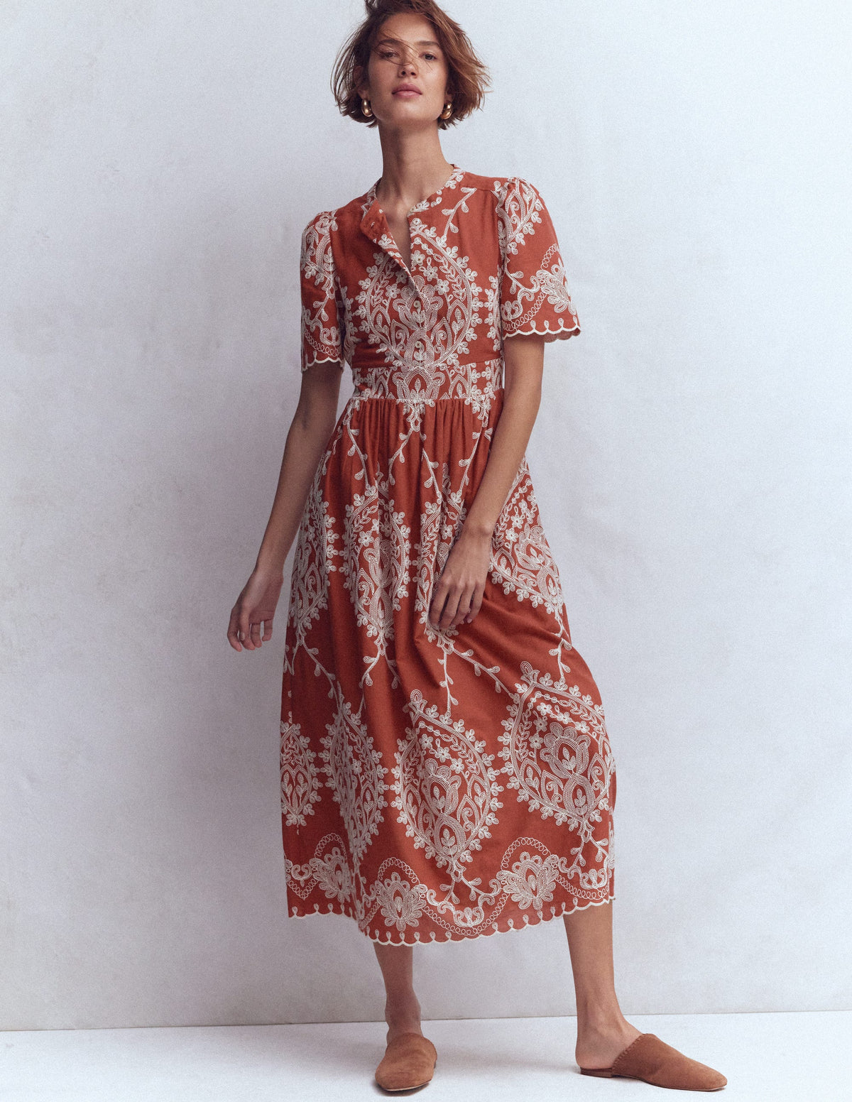 Ivy Button Cotton Midi Dress-Rust Embroidery - Image 4