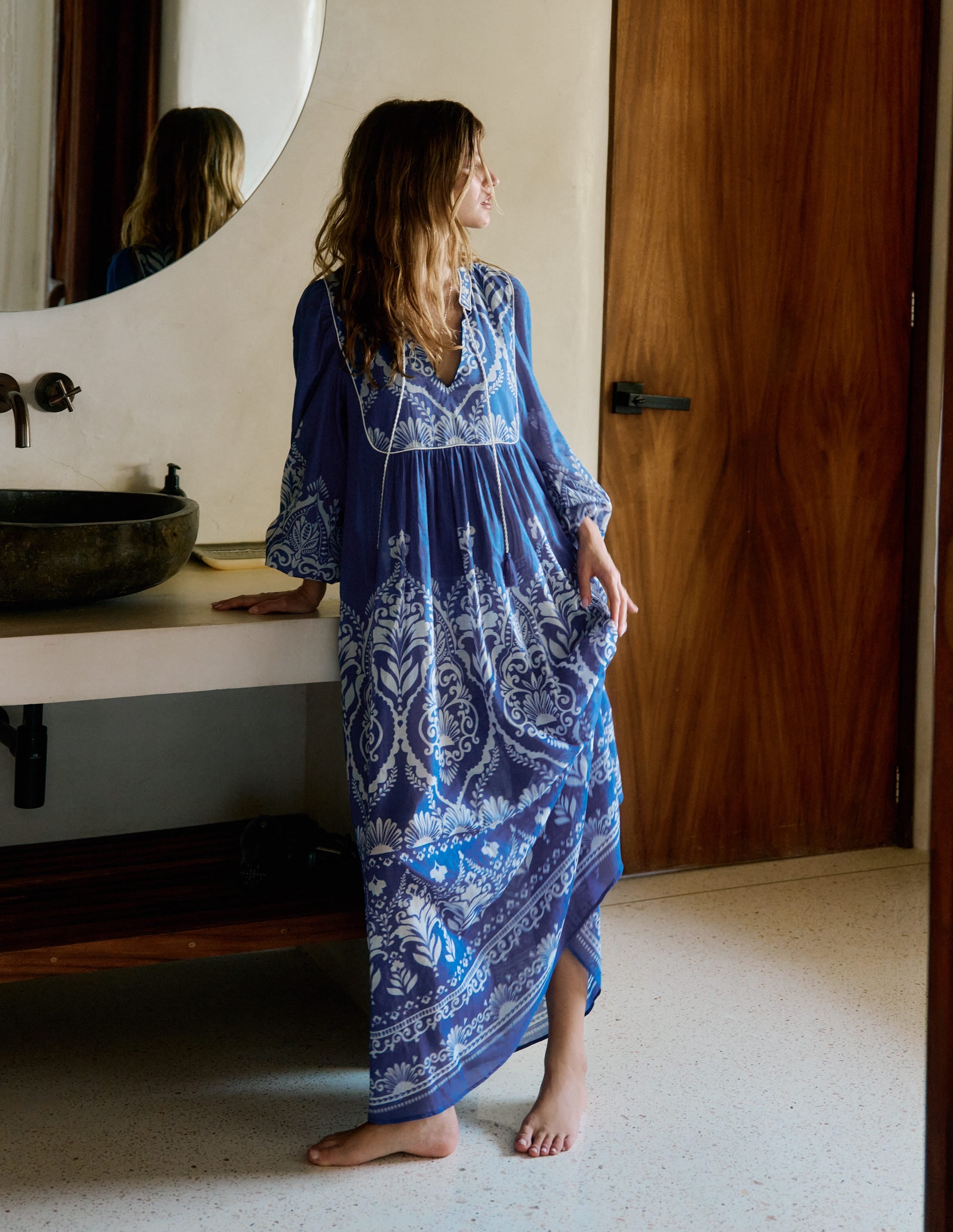 Boho Tie Neck Kaftan-Blue Ornamental Garden - Image 5