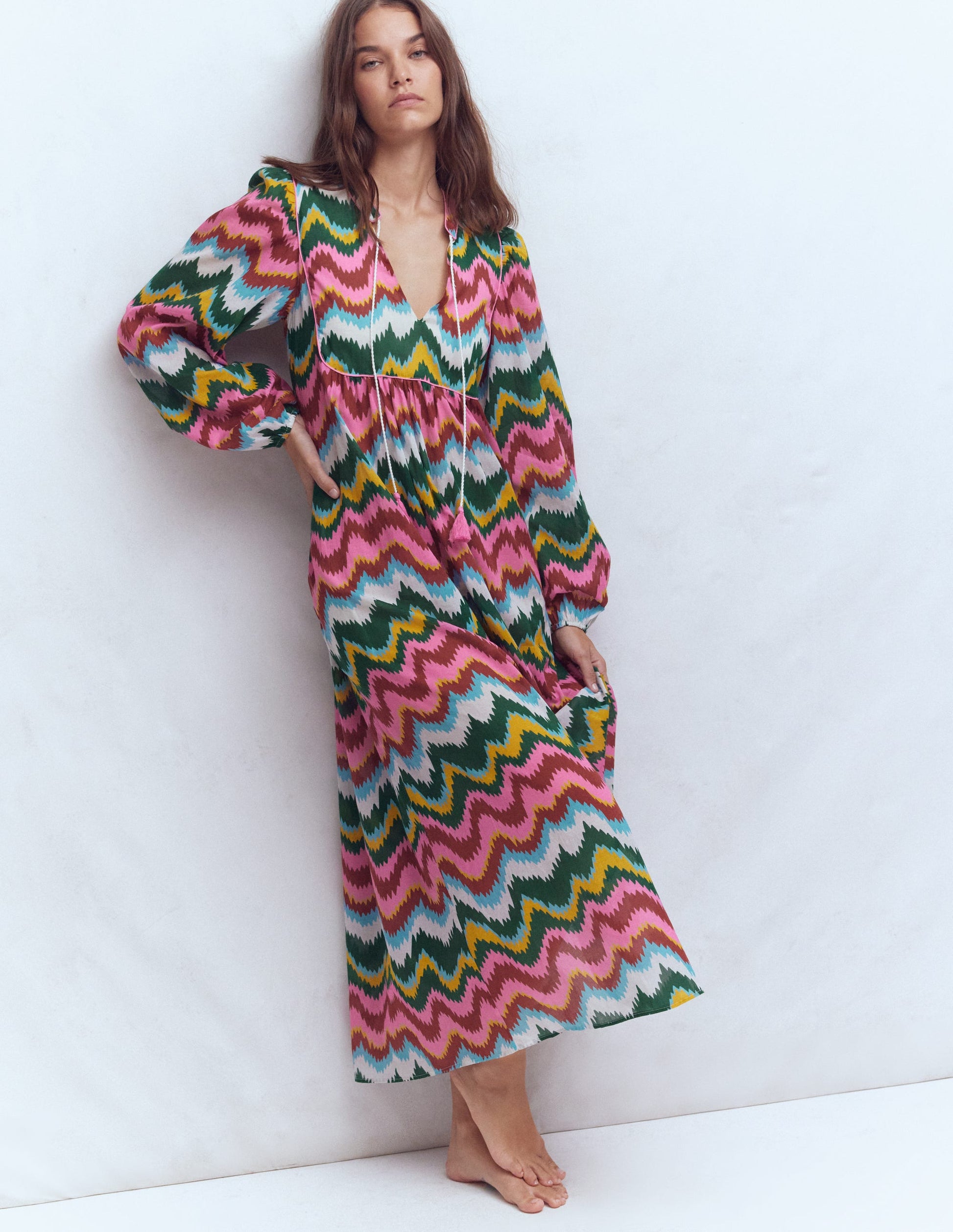 Boho Tie Neck Kaftan-Multi, Zig Zag Wave-1